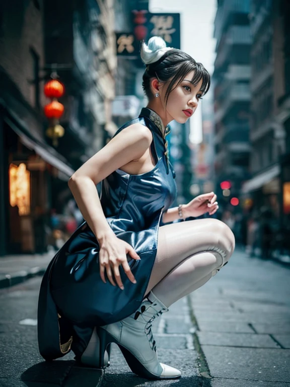 "(Exquisitely drawn CG Unity 8k wallpaper, Masterpiece quality with stunning realism), (Best lighting, Best Shadow), (highest quality), (Elegant and devilish style:1.2), Artistic modern anime. Diagonal view, A close-up full-body portrait of a stunningly beautiful mature Chun-Li from Street Fighter。 ((Dark brown hair:1)), ((White lace-up boots:.5)), Dynamic pose, (Blue Chinese Dress:1.5), Amazing body, in china at night with neon lights, Shy and shy、Frivolous、Sexy、Cute expression, The body is slim, Very decorative and detailed, Brown see-through pantyhose, Depth of field blur effect, night, Full Zoom, Action Portrait, Realistic. Cinema Lighting, Very detailed. highest quality, 4K, Better Hands, Perfect Anatomy, Shortening effect, Shy and shyセクシーな表情, Makes legs look shorter, (Sharp Eye:0.8), Surrounded by an ominous and dark atmosphere, Dramatic and striking lighting accents, Surreal fantasy feel". (Wearing white laced military boots:1), (night:1), (Side view:.5), (Lifted my butt:1), (metal spike bracelet:1), (Leaning forward:1), (White ribbon flowing from hair bun:1.5) (Front view:1)