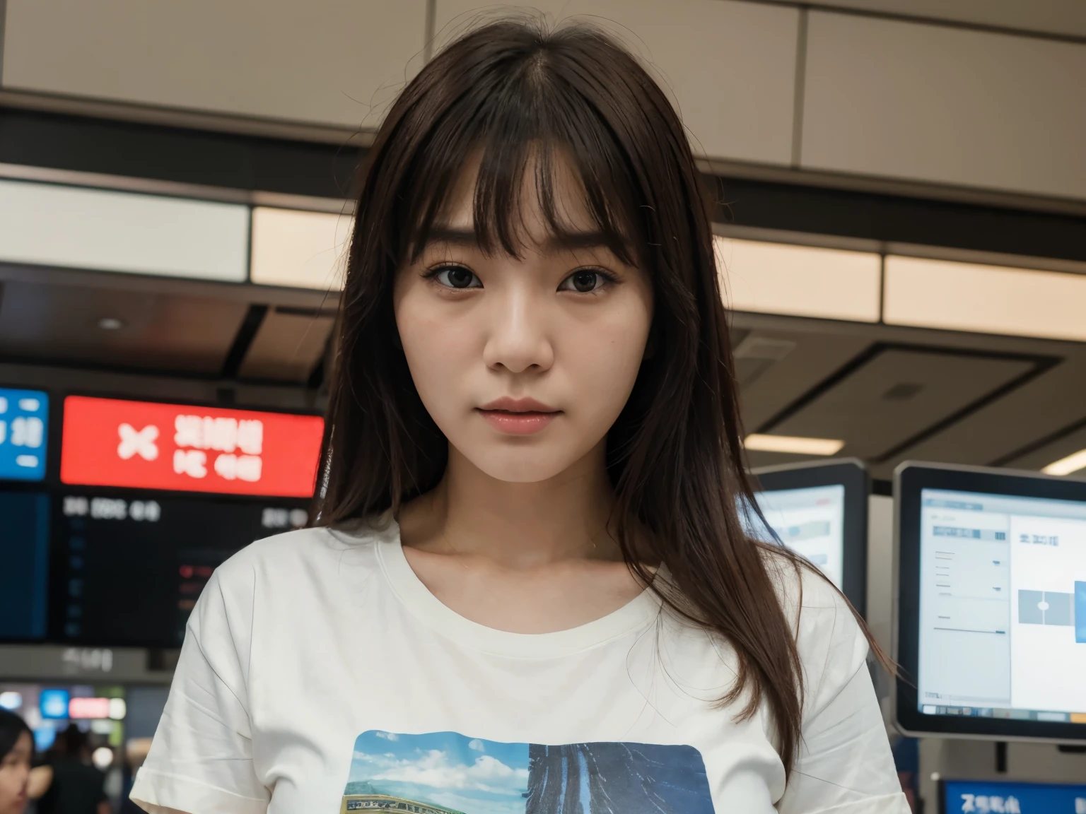 realistic photos of Korean female, crossed bangs, slightly smile, t-shirt, in the airport, pov, Eye-Level Shot, blurry, UHD, masterpiece, highres, 16k