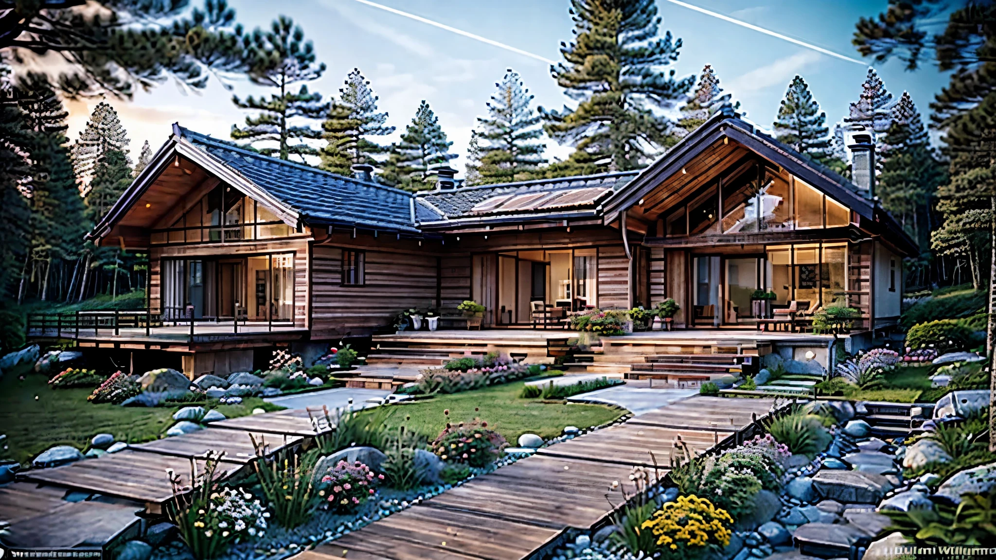 realistic photo of a small 1 floor house with a lot of flowers in the yard, luxurious wooden cottage, beautiful modern Japan house on a forest path, the small cabin modern Japan house in the forest, white house, integrated in the mountains, cottagecore!!, 8k)), soothing and cozy landscape, peaceful wooden mansion, UHD, 8k, highly detail