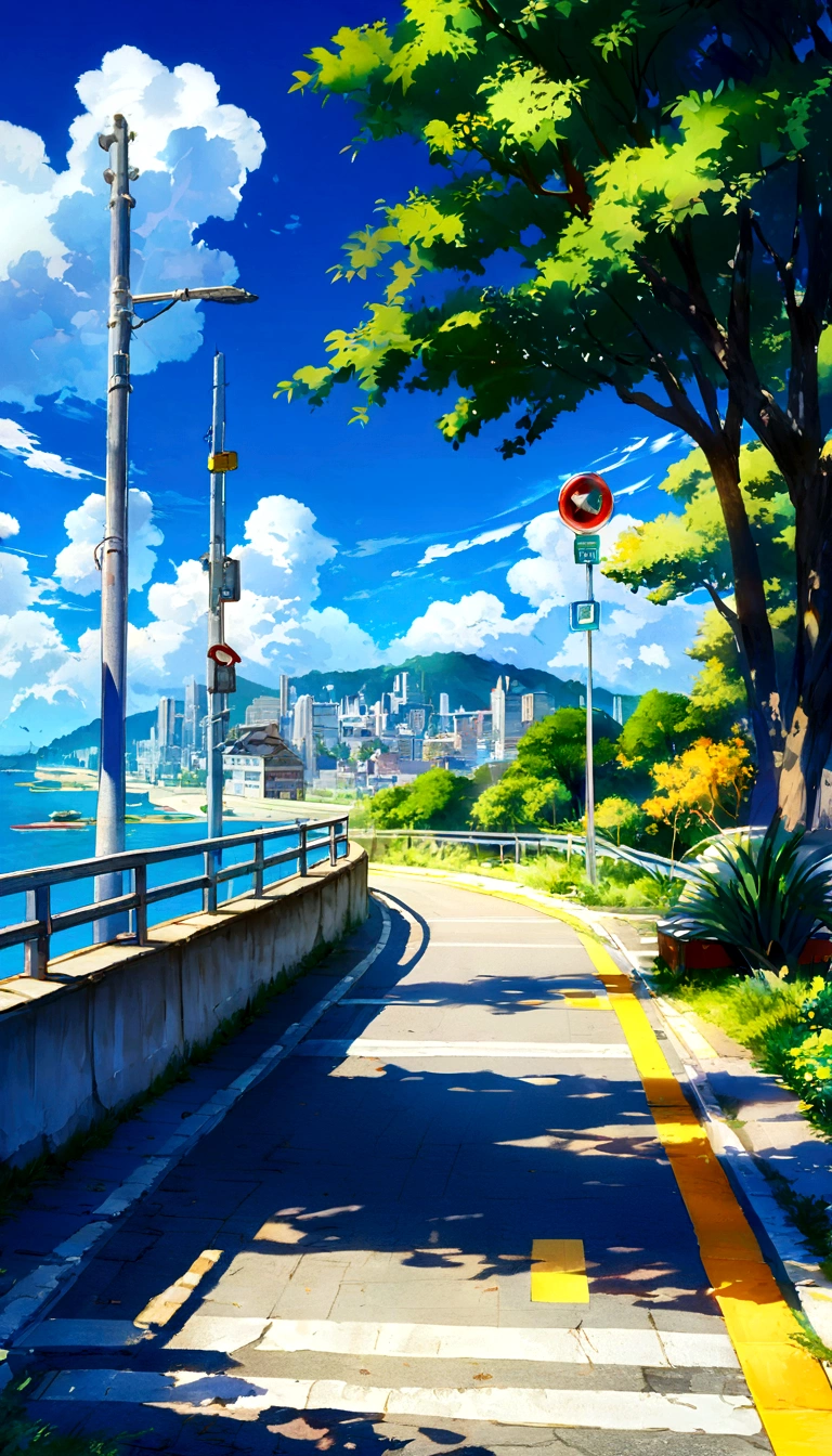 a painting of a street next to a body of water, traffic signal on pole, rio de janeiro in an anime film, anime. by makoto shinkai, anime landscape, by Makoto Shinkai, by makoto shinkai, anime landscape wallpaper, anime scenery, hd anime cityscape, makoto shinkai and (cain kuga), style of makoto shinkai, HD, UHD, HDR, 32 K