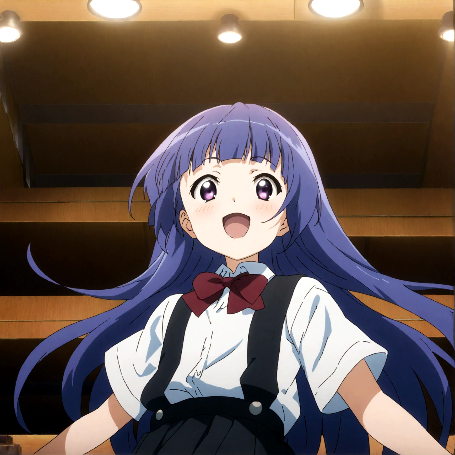 score_9,score_8, score_8_up, BREAK ,1girl, solo, furude rika, (tween), kawaii, blue hair, purple eyes, long hair, blunt bangs, bangs,, bow, skirt, shirt, suspenders, smile, short sleeves, pleated skirt, white shirt, open mouth, :d, red bow, ,^_^, suspender skirt, , black skirt, collared shirt, blush, bowtie, blunt bangs, dress shirt,masterpiece, best quality, source_anime,ceiling, ceiling light, great lighting, detailed shadows, detailed body, anime artwork,anime style, key visual, vibrant, studio anime, highly detailed, anime coloring,,fullbody,arms crossed,,close-up,,simple background, white background.