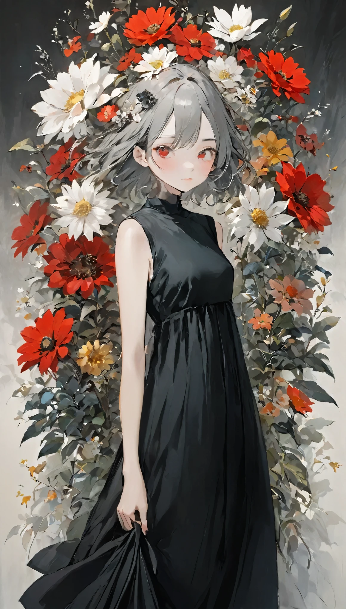 Beautiful woman、flower arrangement、Wabi-sabi art、Super detailed_face_Eye、非常に詳細なface、Black dress、White、grey、Red tones、parchment、抽象的flower arrangement、Three big flowers、surreal art、Silence、wallpaper、highest quality、Masterpiece、High resolution、8k