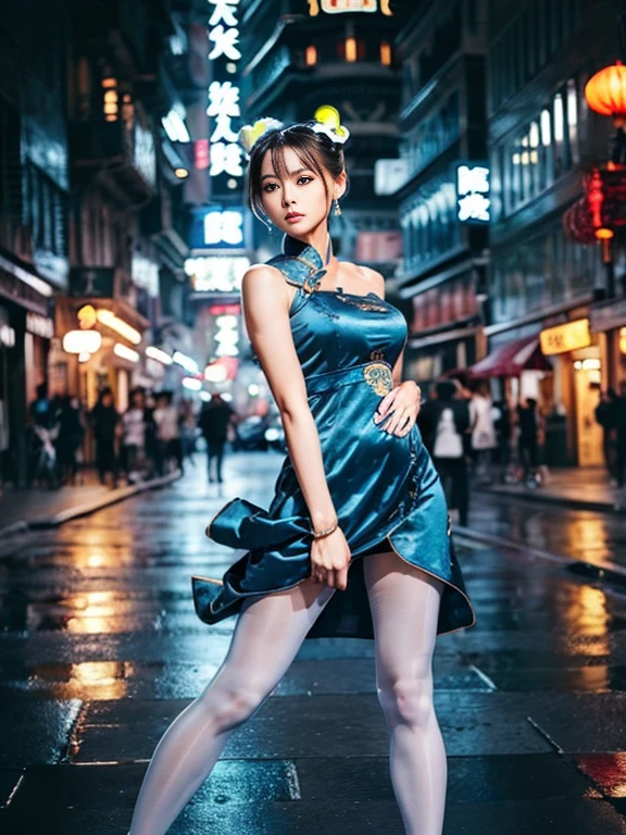 "(Exquisitely drawn CG Unity 8k wallpaper, Masterpiece quality with stunning realism), (Best lighting, Best Shadow), (highest quality), (Elegant and devilish style:1.2), Artistic modern anime. Diagonal view, A close-up full-body portrait of a stunningly beautiful mature Chun-Li from Street Fighter。 ((Dark brown hair:1)), ((White lace-up boots:.5)), Dynamic pose, (Blue Chinese Dress:1.5), Amazing body, in china at night with neon lights, Shy and shy、Frivolous、Sexy、Cute expression, The body is slim, Very decorative and detailed, Brown see-through pantyhose, Depth of field blur effect, night, Full Zoom, Action Portrait, Realistic. Cinema Lighting, Very detailed. highest quality, 4K, Better Hands, Perfect Anatomy, Shortening effect, Shy and shyセクシーな表情, Makes legs look shorter, (Sharp Eye:0.8), Surrounded by an ominous and dark atmosphere, Dramatic and striking lighting accents, Surreal fantasy feel". (Wearing white laced military boots:1), (night:1), (Side view:.5), (Lifted my butt:1), (metal spike bracelet:1), (Leaning forward:1), (White ribbon flowing from hair bun:1.5) (Front view:1)