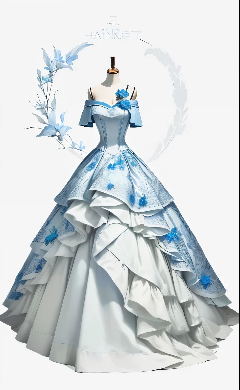 Off-shoulder dress, inspired by William Harnett, Propaganda Art,, Dress, The art of math,, Gorgeous dress, alternate album cover,, High Detail, Detailed clothes,White and blue,Jewelry