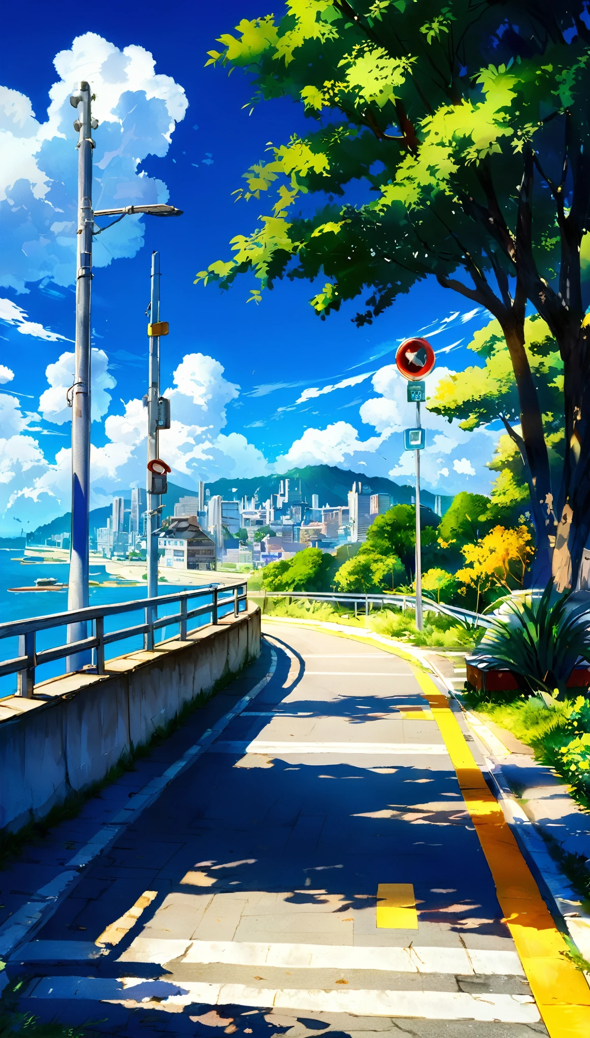 a painting of a street next to a body of water, traffic signal on pole, rio de janeiro in an anime film, anime. by makoto shinkai, anime landscape, by Makoto Shinkai, by makoto shinkai, anime landscape wallpaper, anime scenery, hd anime cityscape, makoto shinkai and (cain kuga), style of makoto shinkai, HD, UHD, HDR, 32 K