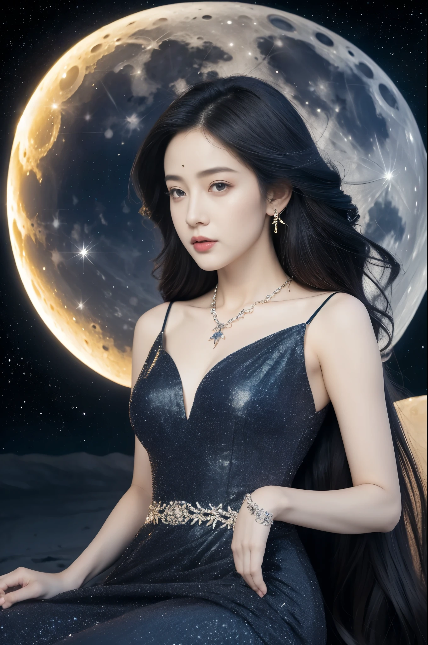 Close-up of a girl,gorgeous dress,sitting,on the moon,detailed background of the moon,Moon Goddess,Beautiful Celestial Mage,Goodness of Heaven, Celestial Fairy,very Beautiful fantasy art,8k high quality detailed art,medium straight bob hair,crystal necklace,slim,thin,flat chest,small breasts,best quality,masterpiece,upper body,starry sky,night scene