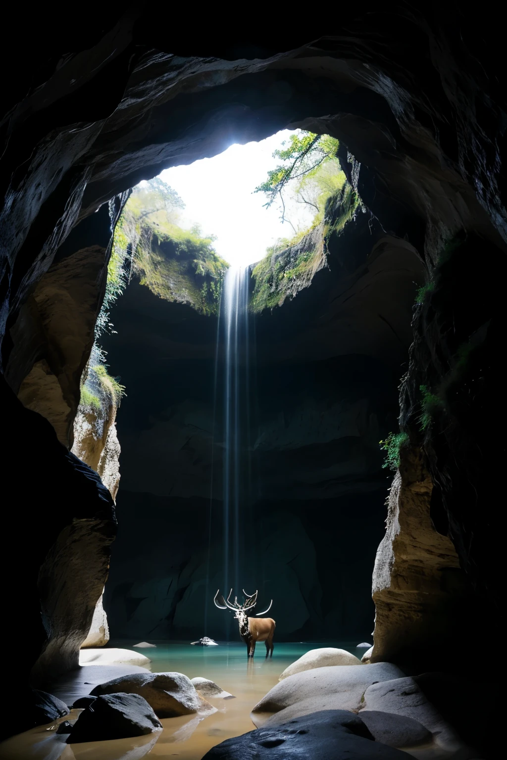 Horizontal view of a fictional creature about 3 meters tall, with muscular muscles, The black color stands out against the dark background of a cave. Its head is a large skull, like that of deer, with curved horns. This creature was stepping up from a small puddle of black water with the posture of a human, where only rays of light emitted from metal ores and white flowers in the cave, create a mysterious space, ma mị và thật hùng vĩ.