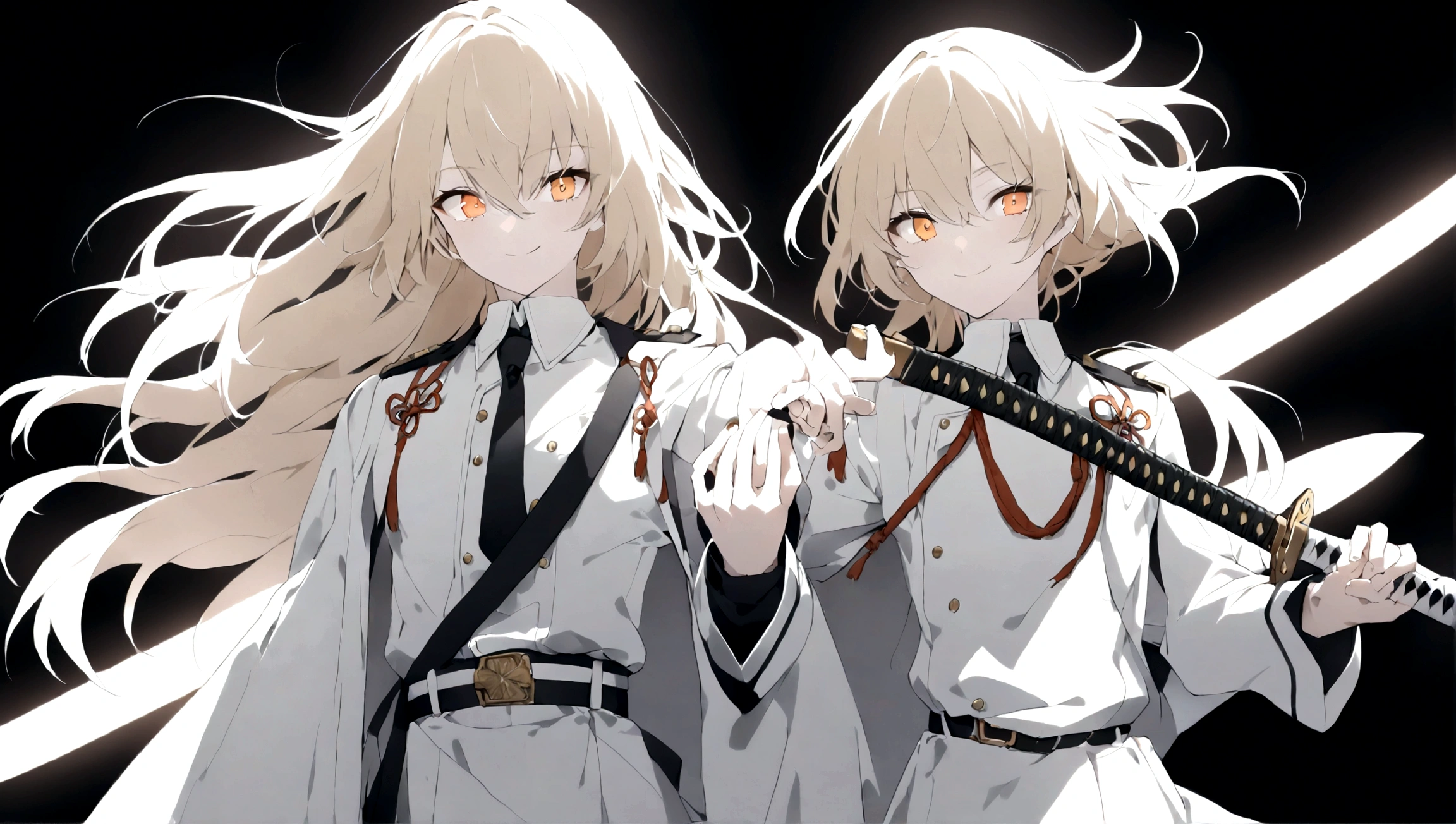 Full body, White one-piece military uniform, Jet black head of hair,(masutepiece:1.2, Best Quality), (finely detailed beautiful eye: 1.2), (beautifull detailed face), High contrast, (Best Illumination, extremely delicate and beautiful), ((Cinematic Light)), Dramatic light, Intricate details,dark orange eyes, Shining eyes,Short stature, Smaller chest、Belt under the chest、White military uniform, White skirt,blonde hair, Black tie, (Pale white background:1.5), Wolf cut hair, accurate hands, Look at me and smile, ruddy skin, Japanese Katana Sword, Samurai sword,
