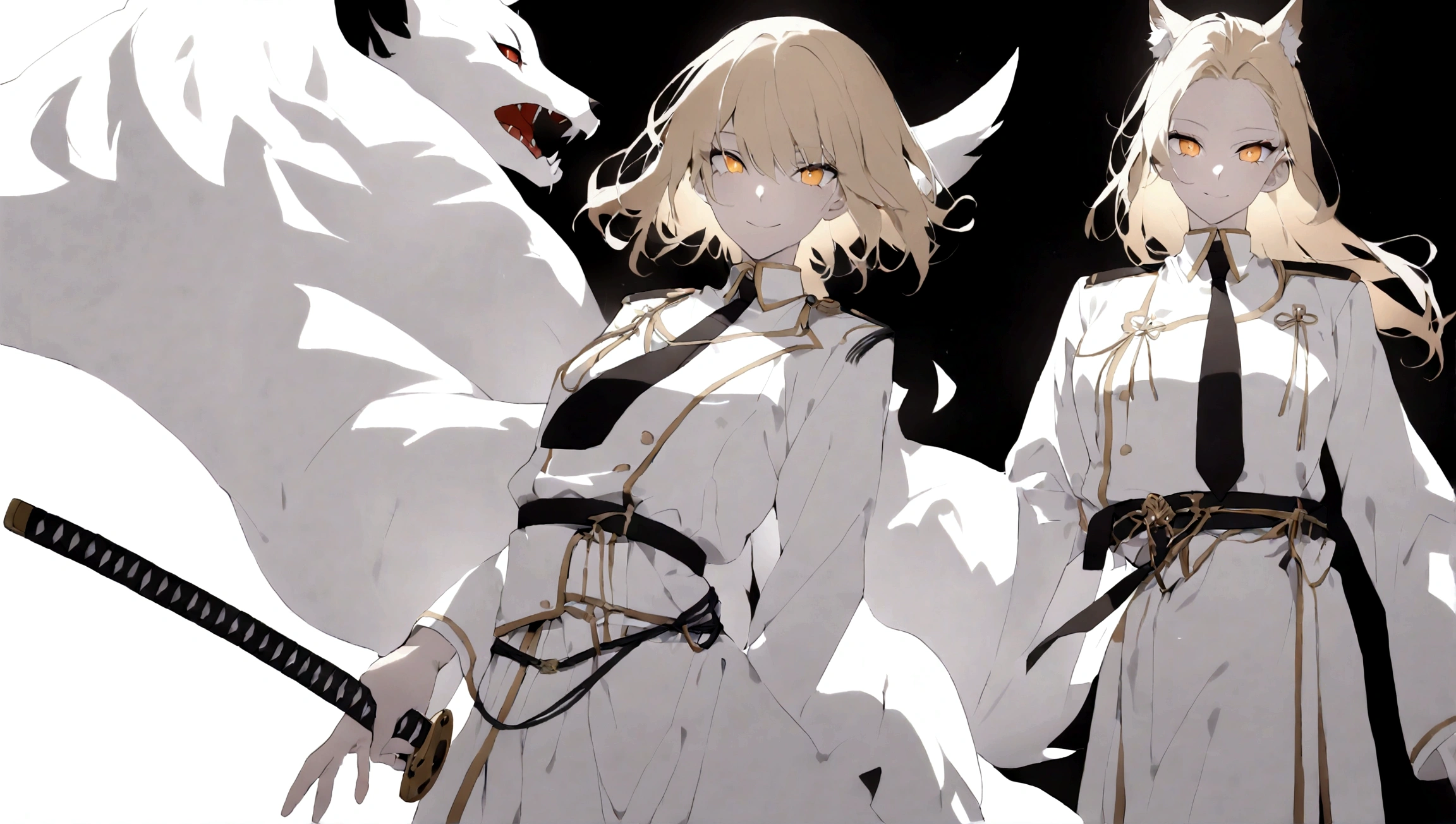 Full body, White one-piece military uniform, Jet black head of hair,(masutepiece:1.2, Best Quality), (finely detailed beautiful eye: 1.2), (beautifull detailed face), High contrast, (Best Illumination, extremely delicate and beautiful), ((Cinematic Light)), Dramatic light, Intricate details,dark orange eyes, Shining eyes,Short stature, Smaller chest、Belt under the chest、White military uniform, White skirt,blonde hair, Black tie, (Pale white background:1.5), Wolf cut hair, accurate hands, Look at me and smile, ruddy skin, Japanese Katana Sword, Samurai sword,