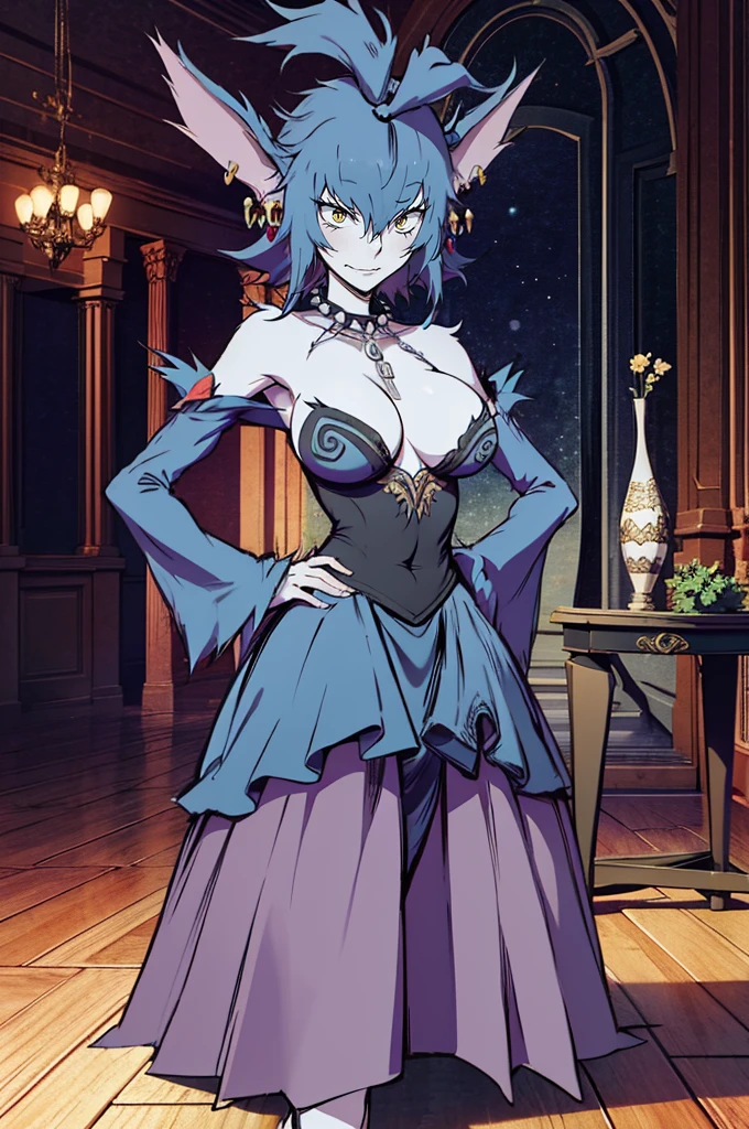 masterpiece, best quality, absurdres, 1girl hwolfie , [ballgown|edgmarquise], edgmarquise, wearing a ballgown, looking at viewer, bare shoulders, breasts, dress, earrings, jewelry, pearl necklace, solo, contrapposto, standing, hand on own hip, angry frown fangs out indoors smile, full body, corsept