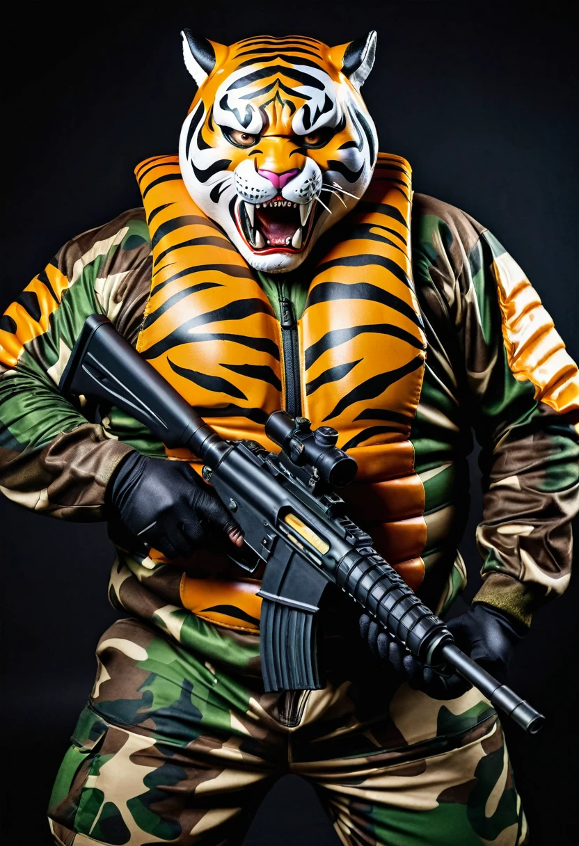 (a dark-skinned fat old man in a bulky camouflage zipper diver suit) shooting with a gun and (wearing roaring siberian tiger mask that show the wearer eyes), muscular, Basuki Abdullah, sumatraism, action, a character portrait, heroic, fierce, snarling
