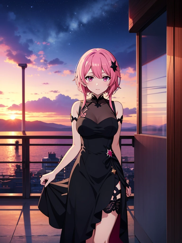 (meyoco), (sorimachi-doufu),beijuu,nixeu,1girl, kafka,((honkai: star rail)),black cocktail dress, black long dress, pink sunset in the background, ethereal aesthetic