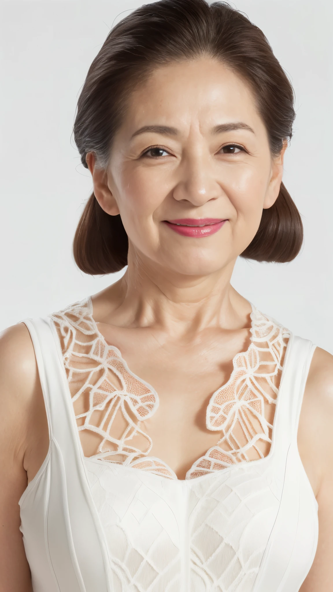 ((Face close-up)), Late Elderly, Aged face, Perfect composition, ((Fractal Art)), (((masterpiece))), 8k, Clear images, (((alone))), (((Asian Beauty))), Pure white background, Natural Hair Color, Hands behind back, Refreshing early summer outfit, Alluring, ((Elderly)), Depict lips accurately,Red lips, Flashy makeup, (((alone))), (((Perfect Anatomy))), Depicting ears correctly, Pure white background, gravure, Upright posture, smile, ((Beautiful mature woman)), highest quality, Very detailed, Realistic, Very detailed細なスキン, (Madame), (The corners of the mouth are turned up), 120 years old, Huge breasts, Mature Politician, Glamour, sexy, Pure white skin, Natural hairstyle, Comfortable clothing,