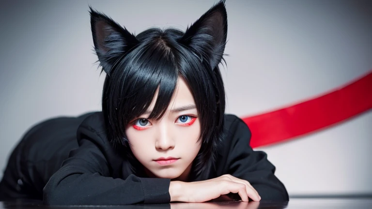 One boy, Shiny black hair, Red eyes, Big, pointy cat ears, Cat's Tail, Grinning and staring at the viewer, Mountainous Regions, sunrise, 4K resolution