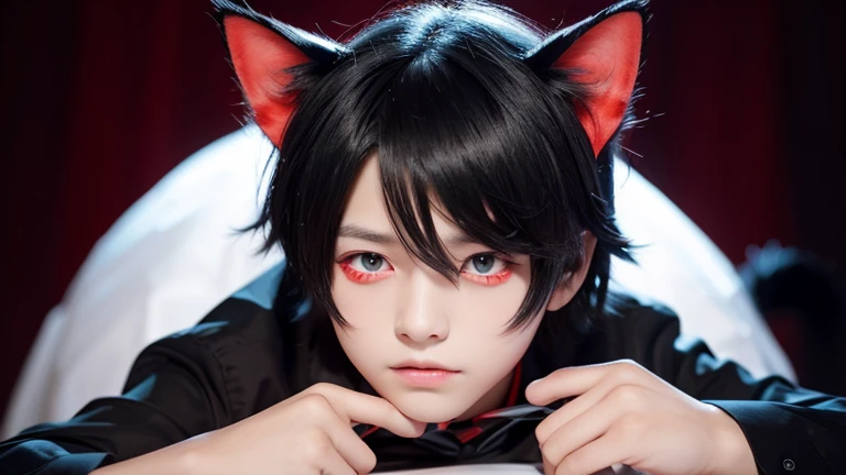 One boy, Shiny black hair, Red eyes, Big, pointy cat ears, Cat's Tail, Grinning and staring at the viewer, Mountainous Regions, sunrise, 4K resolution