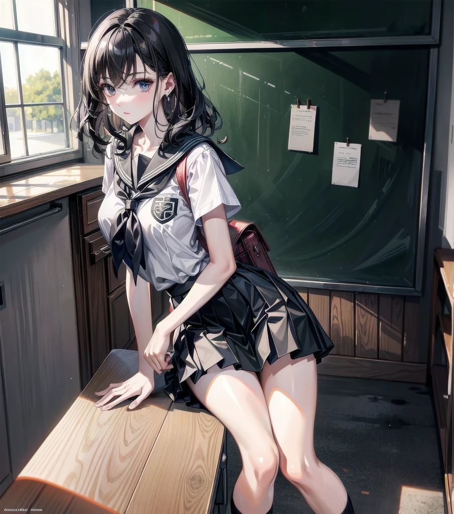 absurdres, RAW photo, extremely delicate, extremely beautiful, masterpiece, Best Quality, ultra high resolution, 32k, hyperrealistic, ultra-detailed description, perfect anatomy, pale skin, 20 years old, detailed beautiful face, detailed beautiful face eyes, tearful mole, earring, short medium hair, wavy hair, black hair, big tits, slim body, narrow waist, full body, school_uniform, sailor suit, Pleated mini skirt, a classroom interior, school setting, chalkboard, desks, books, backpacks, pencils, educational posters,
