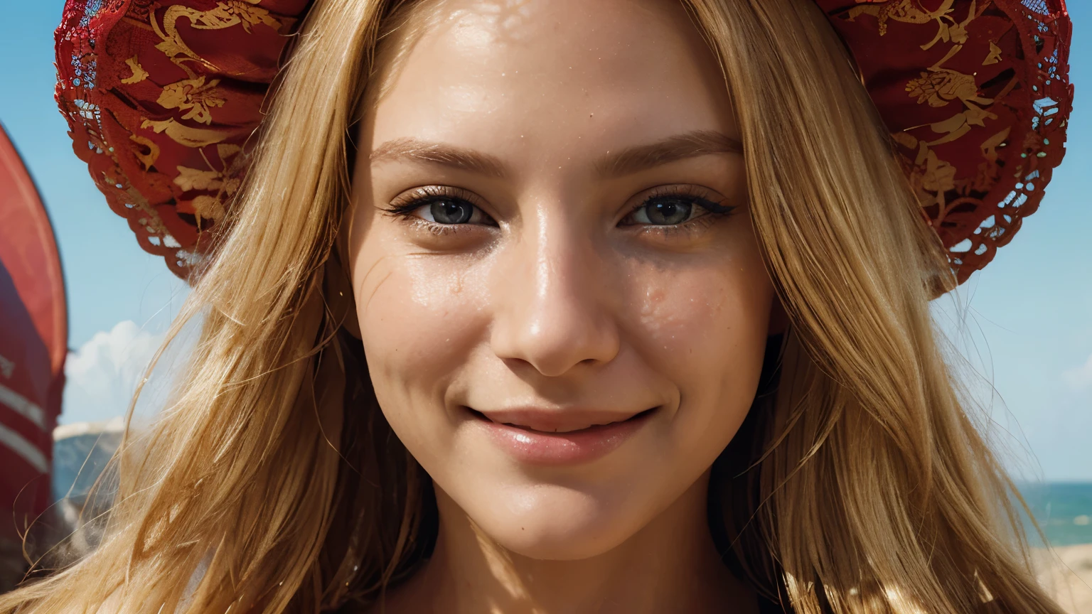 woman's face, long blonde hair, smiling, sun is red, (digital painting, concept art, smooth, sharp focus, intricate details, close-up, masterpiece: 1.2)