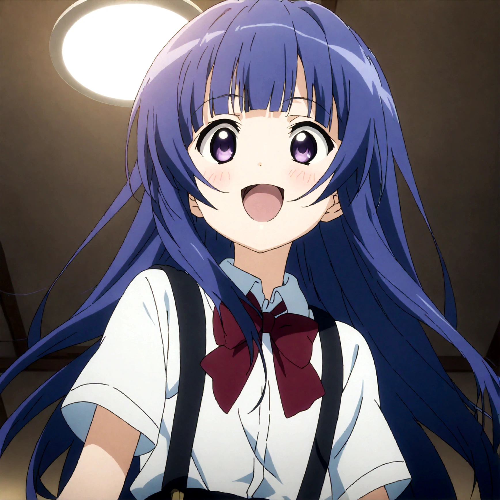 score_9,score_8, score_8_up, BREAK  ,1girl, solo, furude rika, (tween), kawaii, blue hair, purple eyes, long hair, blunt bangs, bangs,, bow, skirt, shirt, suspenders, smile, short sleeves, pleated skirt, white shirt, open mouth, :d, red bow, ,^_^, suspender skirt, , black skirt, collared shirt, blush, bowtie, blunt bangs, dress shirt,crosed arms, masterpiece, best quality, source_anime,ceiling, ceiling light, great lighting, detailed shadows, detailed body, anime artwork,anime style, key visual, vibrant, studio anime, highly detailed, anime coloring,,fullbody,,,close-up,,simple background, white background.