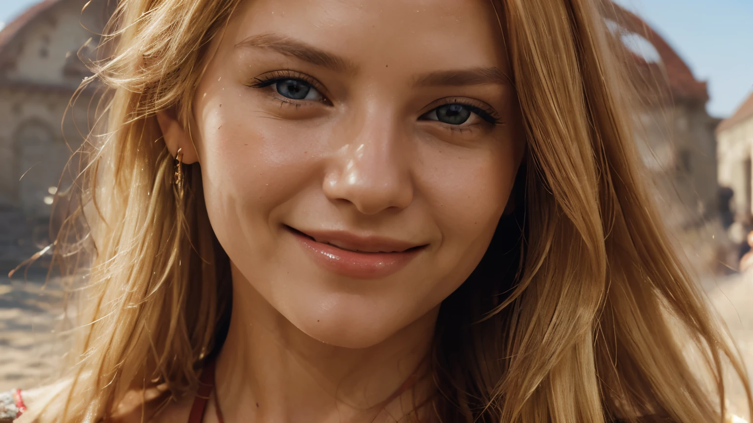woman's face, long blonde hair, smiling, sun is red, (digital painting, concept art, smooth, sharp focus, intricate details, close-up, masterpiece: 1.2)