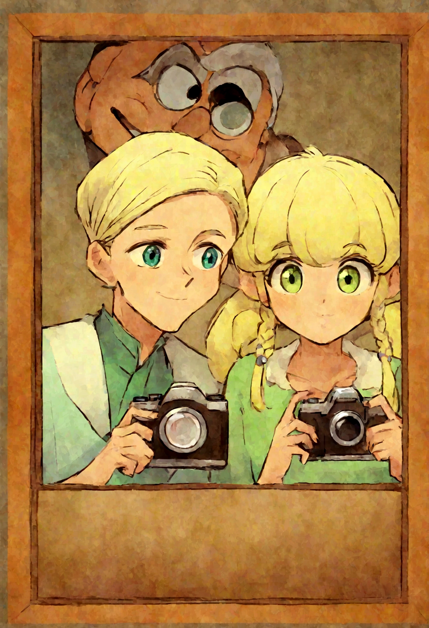 Pixar movie poster of a young couple taking a photo in a Chinese restaurant. A tem cabelos claros e olhos castanhos, The boy is blond and has green eyes