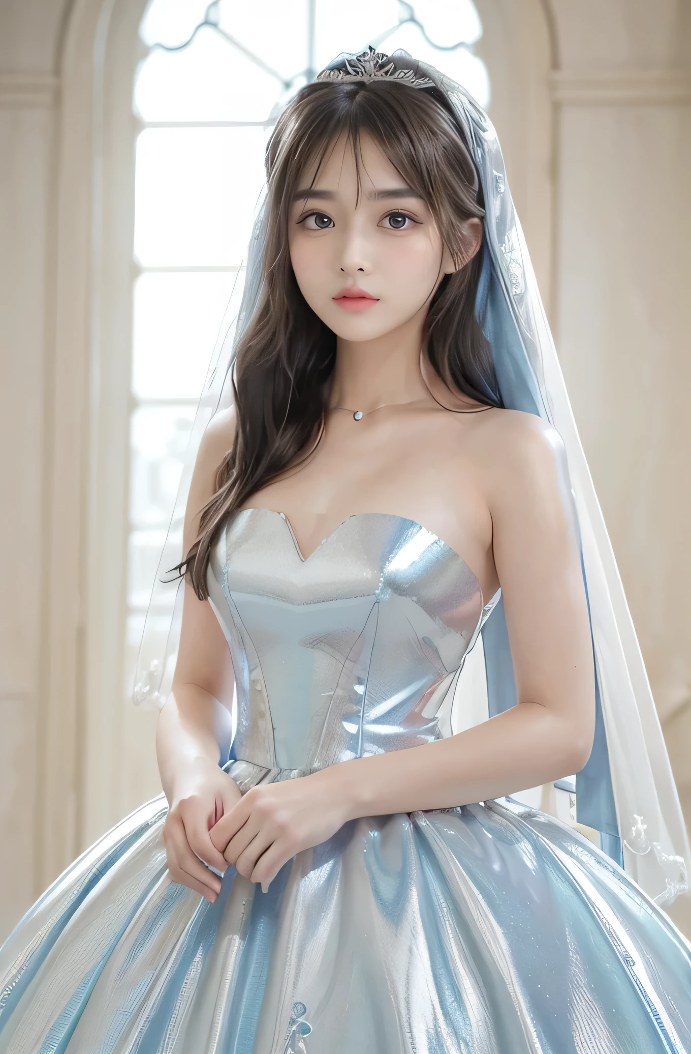 Angelic Very beautiful cute girl,
15 yo,
Beautiful detailed eyes,
Detailed double eyelids,
(Large eyes:1.4),
Long straight brown hair,
see-through bangs,
Sharp Focus,
small straight nose,
beautiful detailed face and eyes,
drooping eyes,
(Soft Saturation: 1.2),
(Fair skin: 1.1),
BREAK (hyper gorgeous and very beautiful shiny metallic blue wedding dress :1.5),(designer brand wacky beautiful dress:1.3),
Costume lighting,(body shot:1.2),standing ,church ,very beautiful stained glass window ,
Costume lighting,(clear-eyed:1.3)