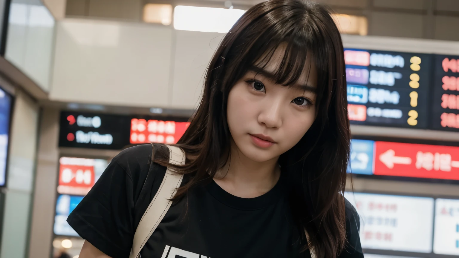 realistic photos of Korean female, crossed bangs, slightly smile, t-shirt, in the airport, pov, Eye-Level Shot, blurry, UHD, masterpiece, highres, 16k