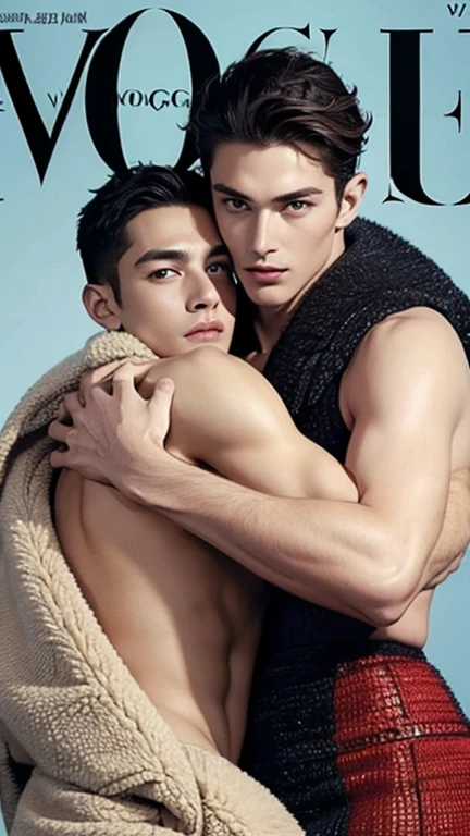 sexy male model hug tight gay, (Vogue magazine cover:1.4), best quality, masterpiece, very aesthetic, perfect composition, intricate details, ultra-detailed