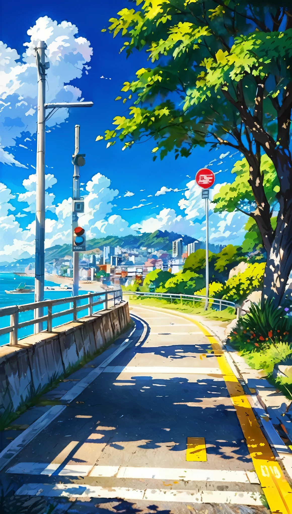 a painting of a street next to a body of water, traffic signal on pole, rio de janeiro in an anime film, anime. by makoto shinkai, anime landscape, by Makoto Shinkai, by makoto shinkai, anime landscape wallpaper, anime scenery, hd anime cityscape, makoto shinkai and (cain kuga), style of makoto shinkai, HD, UHD, HDR, 32 K