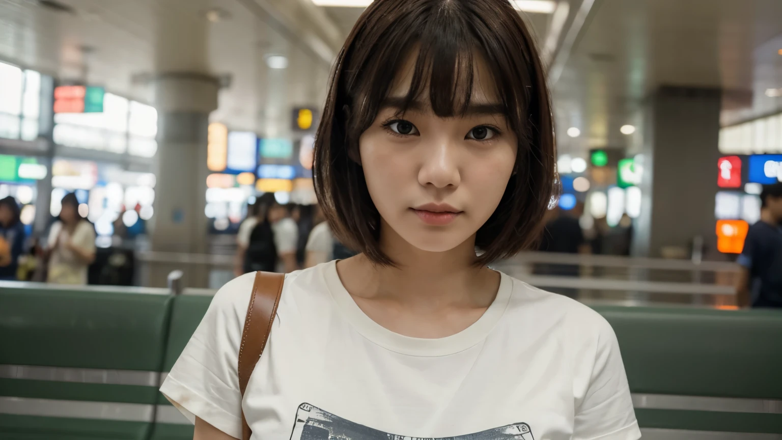 realistic photos of Korean female, crossed bangs, slightly smile, t-shirt, in the airport, pov, Eye-Level Shot, blurry, UHD, masterpiece, highres, 16k
