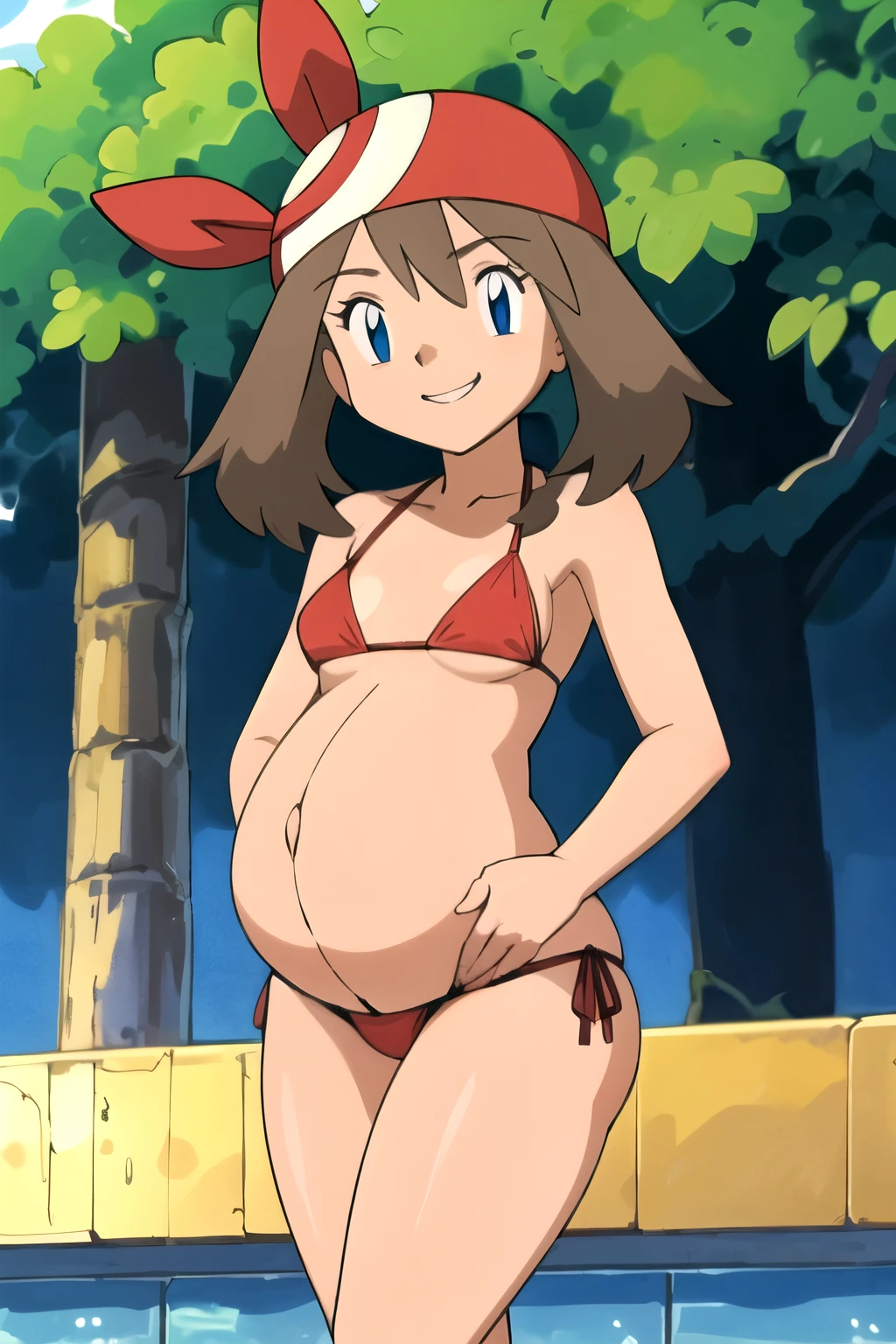 masterpiece, best quality, highres, outdoors, 1girl, solo, may (pokemon), bandana, red shirt, ???? shoulders, pregnant, ??????????, vientre de embarazo, barriga de ??????????. ??????, microbikini, micro ??????, ?????? rojo, ??????????, barriga de ??????????, sonrisa, sonrisa timida, mirada tranquila. 