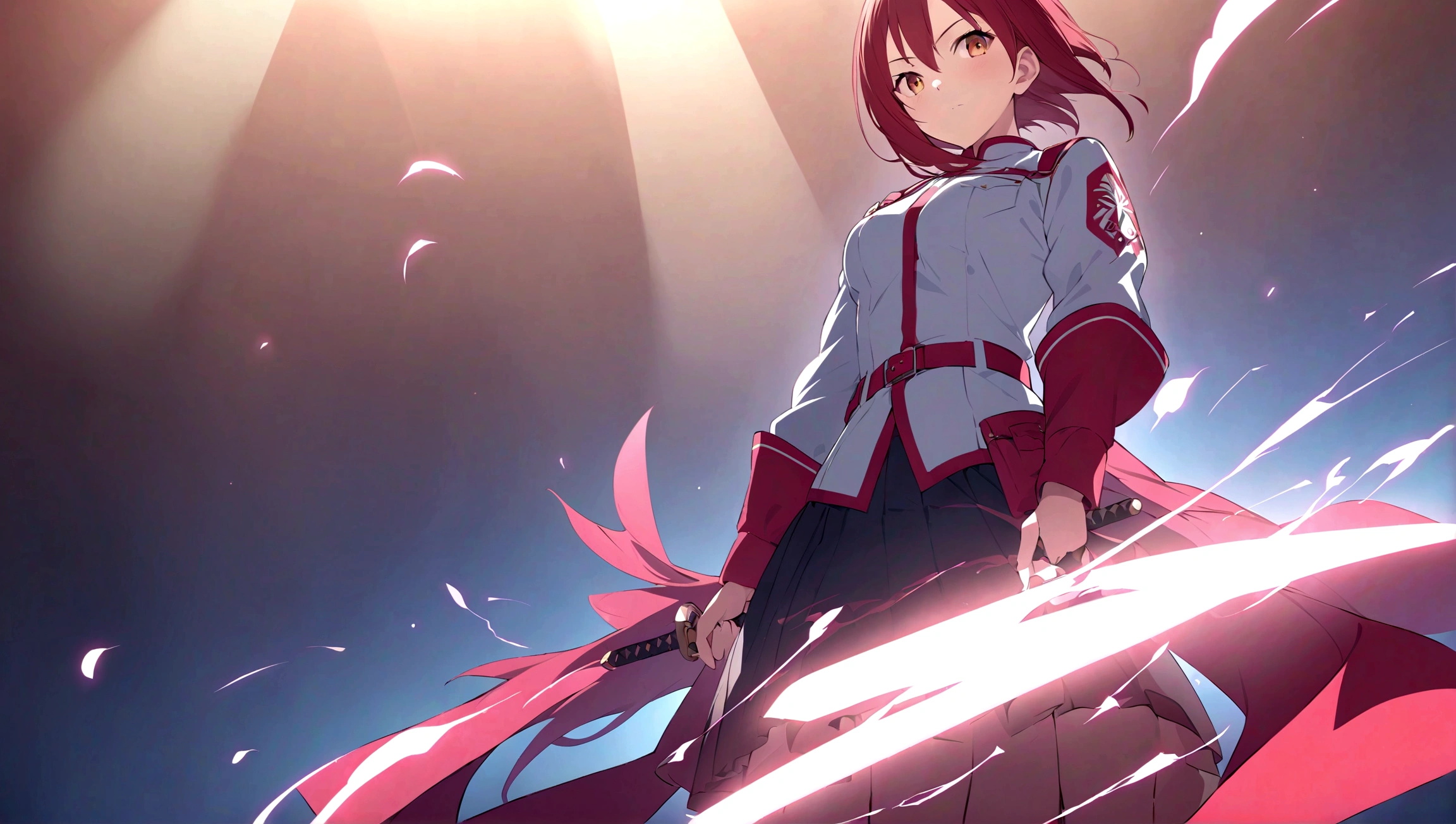 asunayuuki, cabello color naranja， Con dos espadas resplandecientes, Uniforme blanco de combate, Adaptation of Sword Art online, Trazos rojos que simulan la velocidad del personaje, Modo de batalla, (ultrarrealista), {Fondo de pantalla extremadamente detallado de la unidad CG 8k}, Vastas fotos de paisajes, (A central vision that prioritizes the whole character, (Vista de campo abierto), (Low-angle shot), (destacar: 1.5), (baja iluminancia: 1.0), (warm light source: 1.0), detalles intrincados, (Colores iridiscentes: 1.5), (bright illumination), (Atmospheric Illumination), sword art online, Dreamy, anime