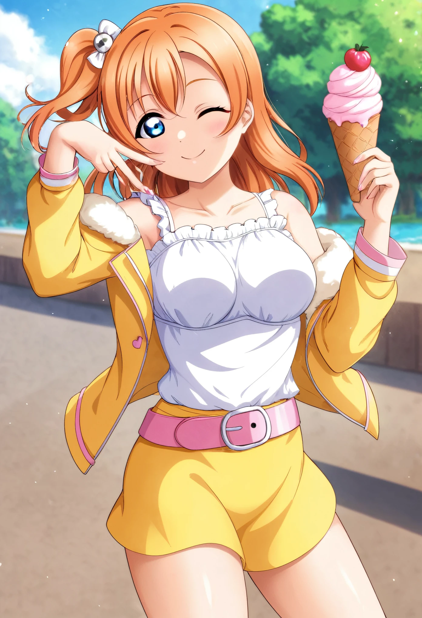 Masterpiece, best quality, standing, love live style,solo , honoka kousaka, blue eyes, orange hair,breasts, White blouse, yellow skirt, stylish pink belt,off shoulder brown crop jacket, standing, holding ice cream,day, thighs ,one eye closed ,pink hair ribbon 