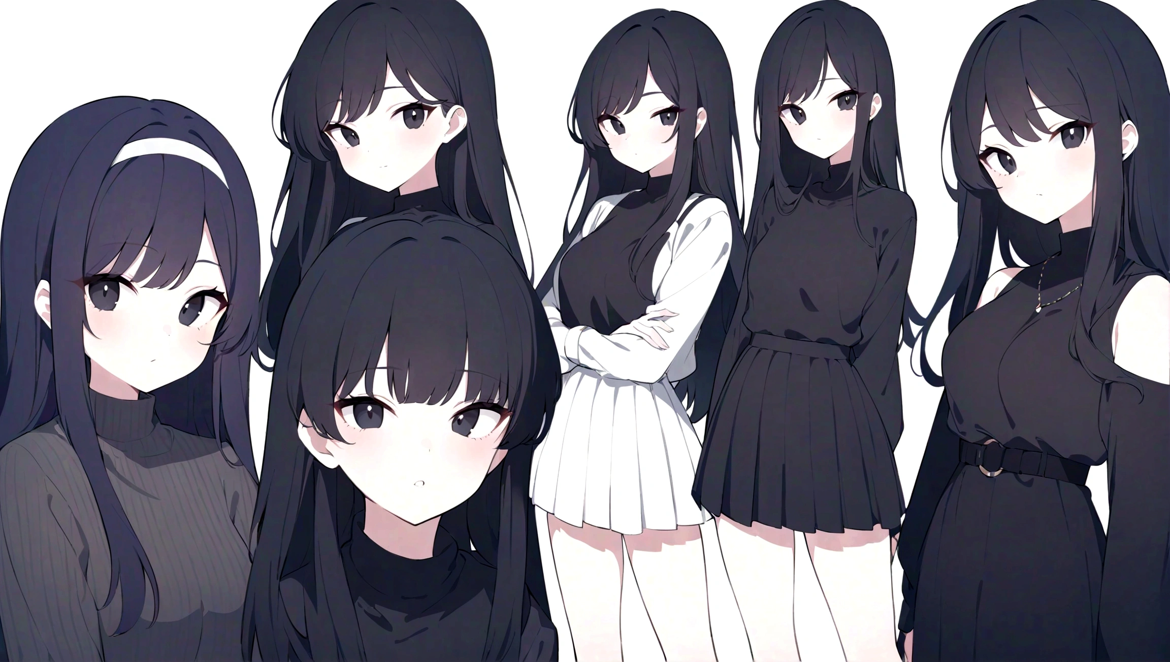 1girll,utmost+meticuloso_the face,utmost+Beautiful+meticuloso_The eye,The upper part of the body,closeup cleavage,cyberpunk backgrouns,sketching,solidcolor,A woman in a black shirt and black dress,Minimalist style,Wear elegant casual clothing,Boots,Milk and black style,Black eyes,Modern and stylish dress,casual modern clothing,inspo , Anime,Blackn clothes, a black skirt, Neutral tones, Black and white color scheme, leisure wear, Scary face,, 22 year old, adult face, Long hair, ((Black hair))