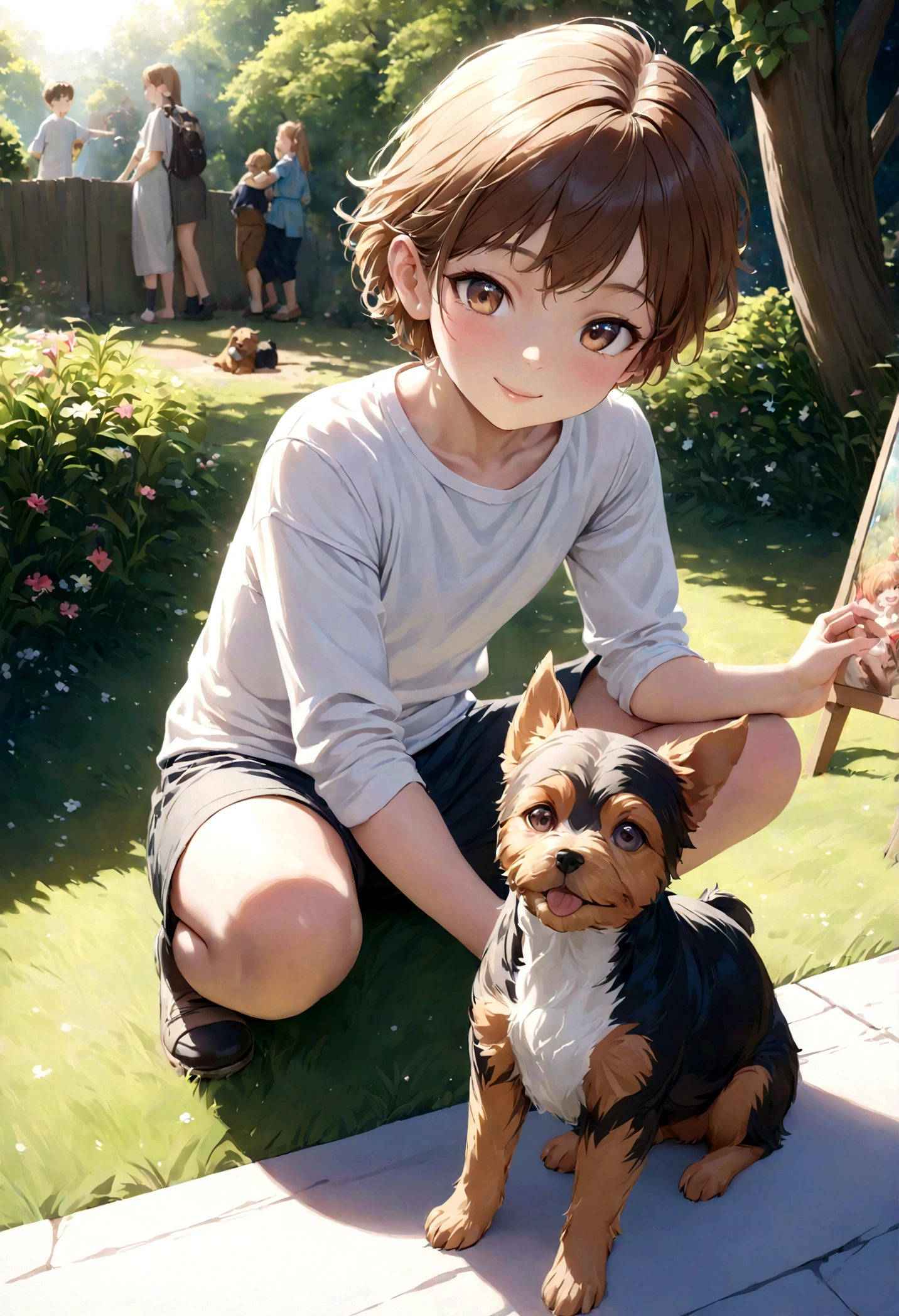 (Vibrant, Vibrant, Vibrant:1.1),figure,Painting,highest quality,4K,8k,High resolution,masterpiece:1.2,Super detailed,Realistic,photoRealistic:1.37,colorful, Outdoor Scene, Lucas, bolt, garden, Smiling2Year old boy, Faithful companion, Yorkshire terrier, Grass, sunlight, happiness, Innocence, Friendship。
