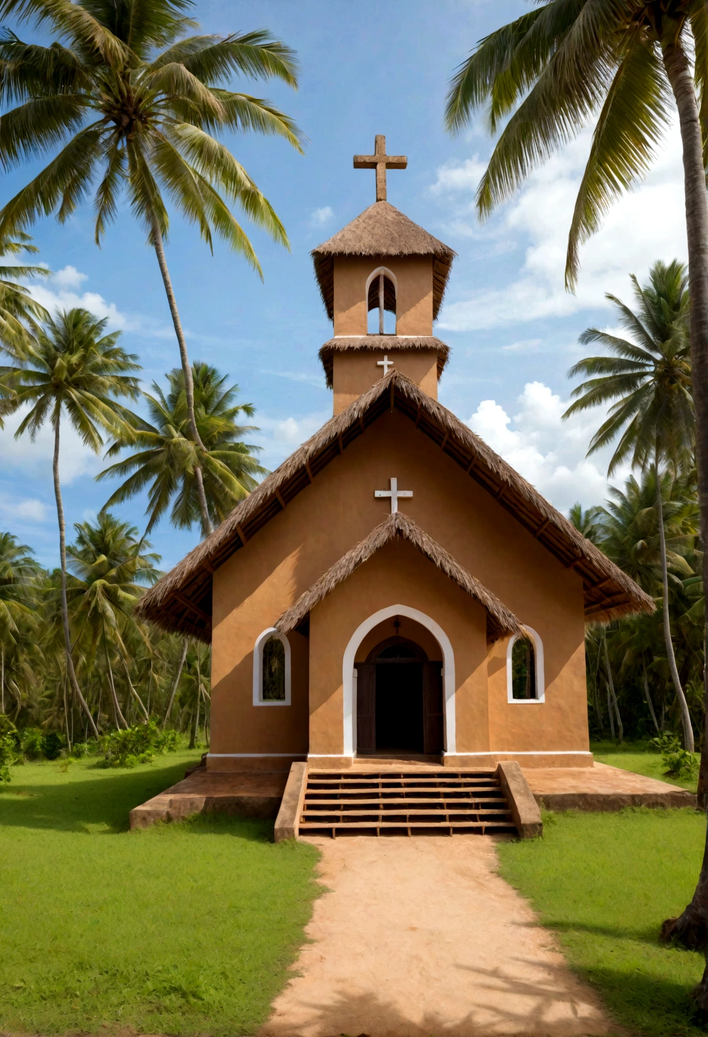 Church build with clay, square type building, situated in coconut field, near the sea shore, roof done by coconut leaves, Wooden cross in front of church