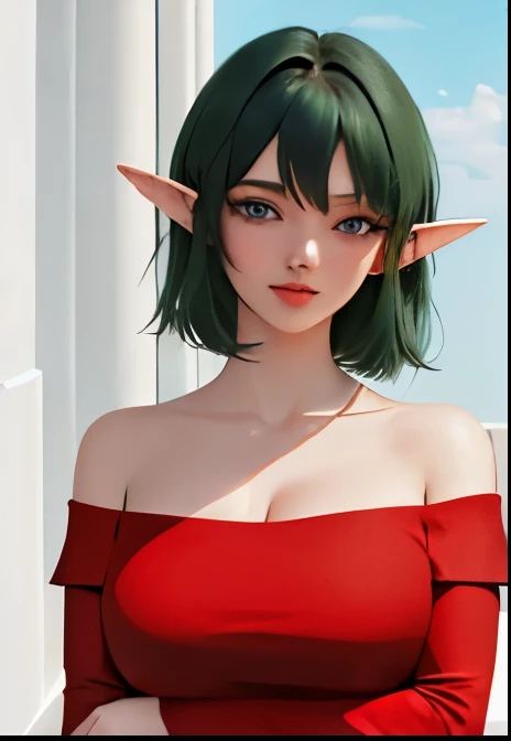 (masterpiece,highest quality,Very delicate,8k), Medium short green hair:1.2, Red off-the-shoulder bodycon tube dress ,Red long arm covers,Elf Girl,((Big Breasts)),blue eyes