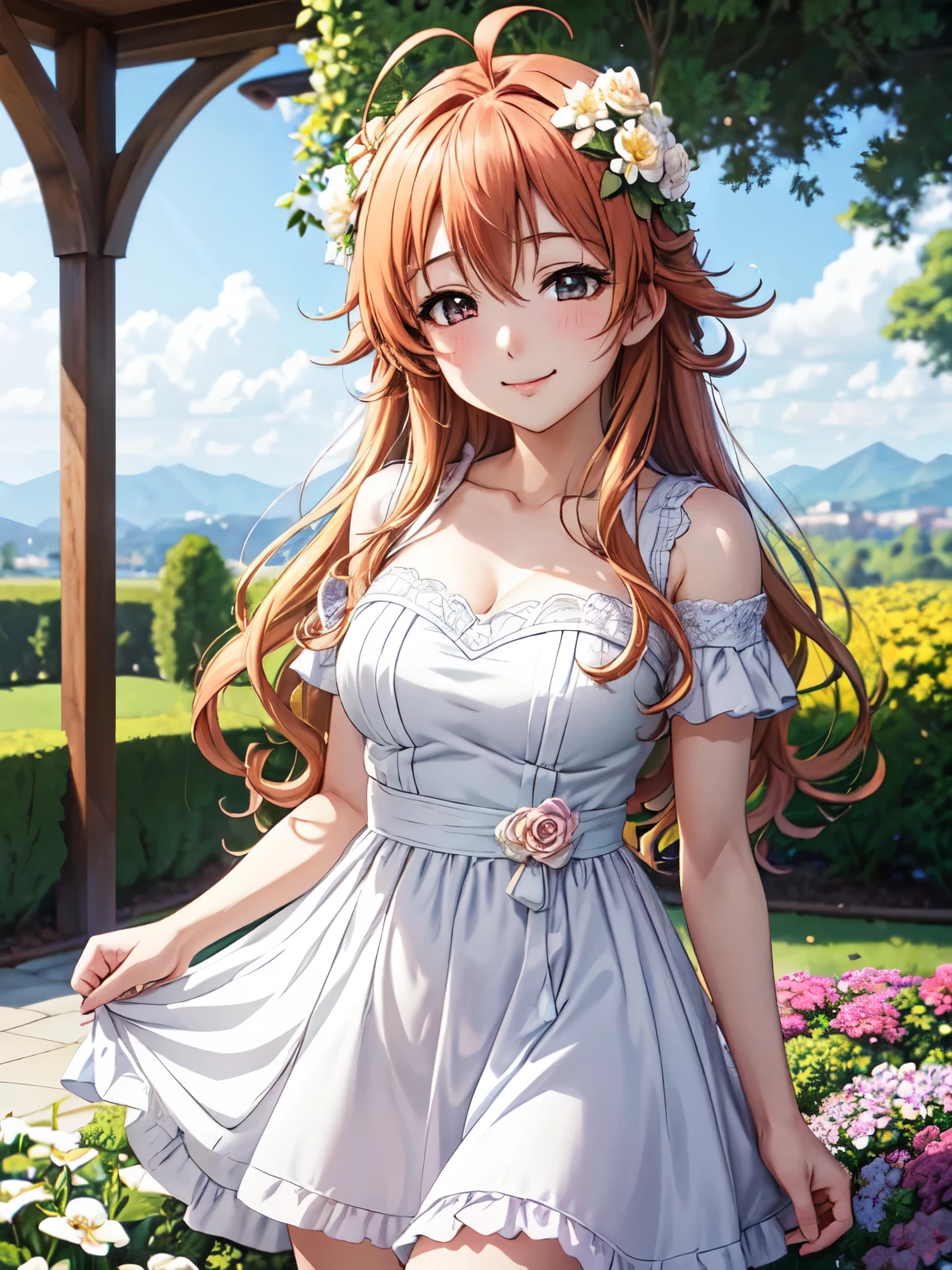 High resolution, highest quality, super high quality,3D Images,garden、Canada_Konoe,flower bed、Standing、One girl, (Anime illustration style:1.5）, Ahoge, Closed Mouth、smile、White Party Dresses,Absolute reference to center、Beautiful thighs、Highly detailed face, Highly detailed CG、 Cowboy Shot