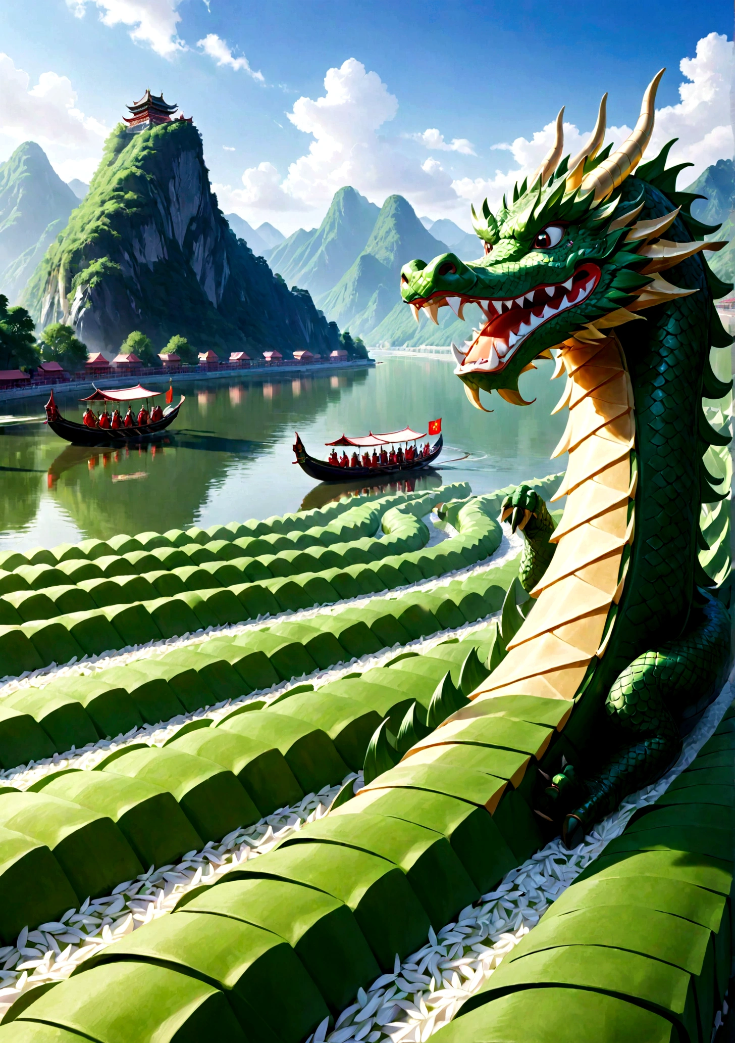Mountains made of rice dumplings,The river in the middle,Dragon boat race,The main color is green,Light and Shadow,Ultra HD,Chinese style
