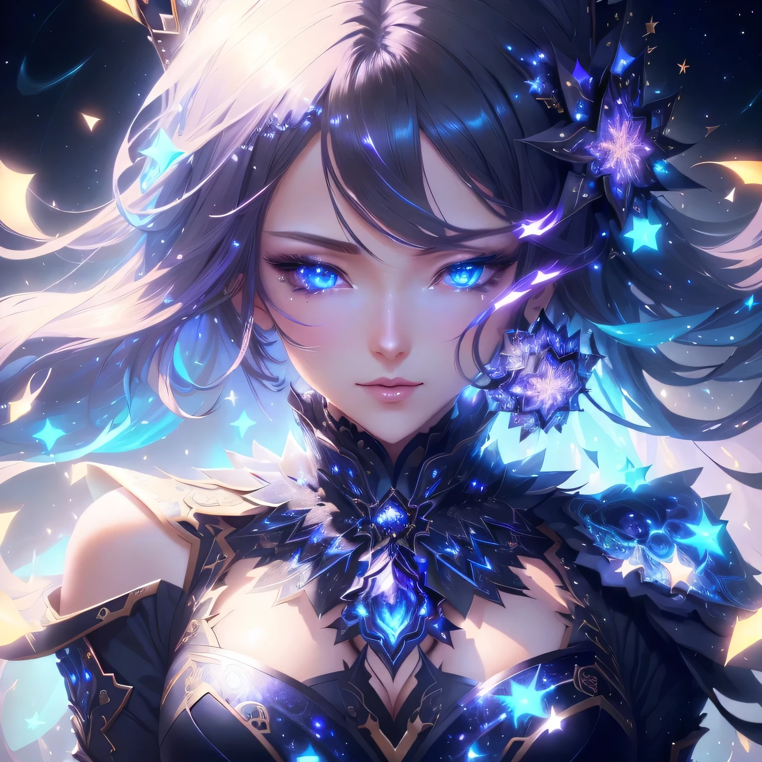 a woman with blue eyes and a black dress is surrounded by stars, detailed digital anime art, anime art wallpaper 4k, anime art wallpaper 4 k, anime style 4 k, digital anime art, anime fantasy illustration, beautiful anime artwork, intricate ornate anime cgi style, anime art wallpaper 8 k, anime wallpaper 4k, anime wallpaper 4 k, anime fantasy artwork,  detailed, wide, fuul Emerland background,