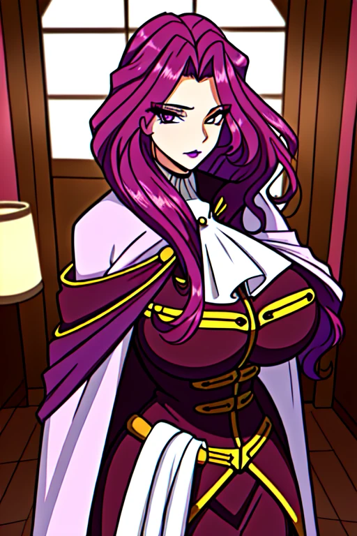 highres, high quality, masterpiece, 1girl, cornelia li britannia, uniform, pink hair, purple eyes, long hair, makeup, looking at viewer, indoors, huge breasts, cloak, standing, detailed face,