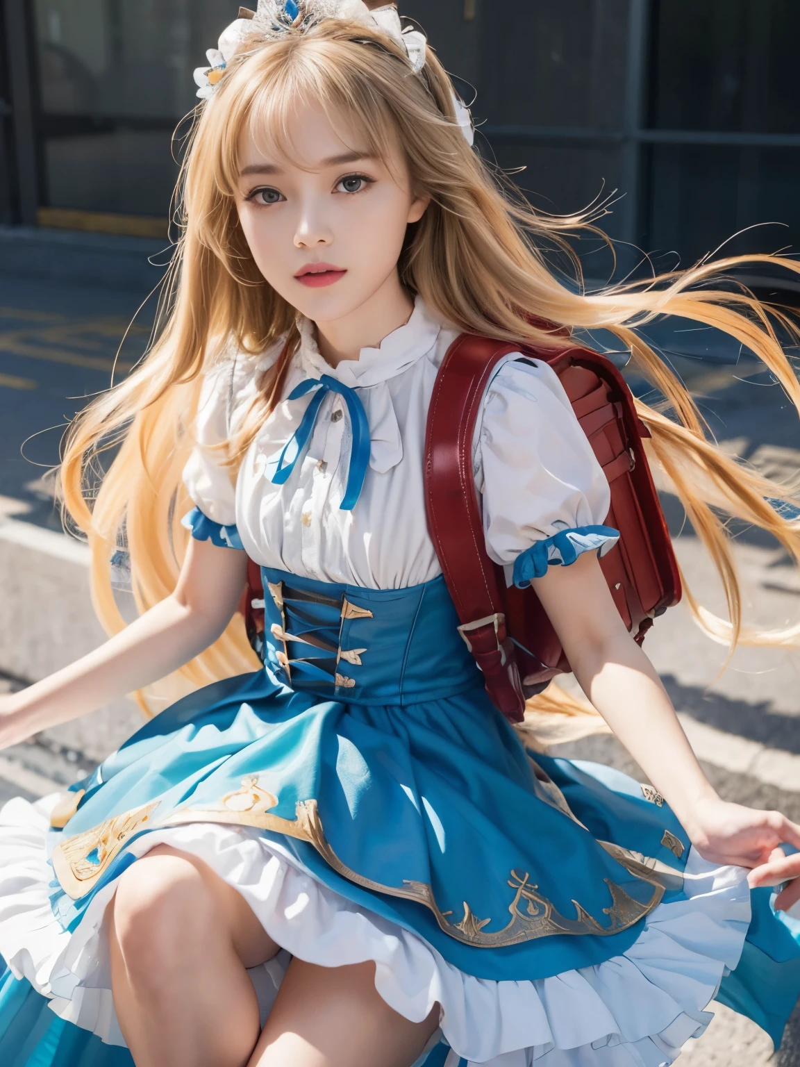 Realistic, ((Full Shot:1.3))　(big 1.4)　Beautiful Fantasy Girl　((highest quality)), ((masterpiece)), (Get used to it), Perfect Face　(1 girl)　(French)　(She is 17 years old、The cutest teen in France.)　((highest quality)), ((masterpiece)), length blonde hair 　length, shining golden hair,Golden Silky Hair, Straight blonde hair, length blonde straight hair, Perfect Silky Straight Hair, Straight blonde hair, length blonde hair, Her hair is long and straight, detailed length blonde hair　((big 1.4))　Super Long Hair down to the ankles　((Neat bangs　The neatly trimmed bangs are princess cut and cover the entire forehead.......))...　bright crimson lips　good, Anatomically correct hand　Thin fingers　Anatomically correct five fingers　Sexy professional makeup　Beautiful French girl face, French facial features, Long Hair shiny Long Hair, length, shining golden hair, length, Straight Golden Hair, Her hair is long and straight, Super Long Hair girl, Silky Hair, length blonde hair, Silky Hair, length, Flat Hair, Silky texture, Long Hair, length, flowing blonde hair, thin and shiny hair　Anatomically correct、White beautiful human skin and detail of hands and fingers　Beautiful Eyes　Mouth Details　the corners of the mouth rise slightly　Cool look　　(The eyebrows are dark brown in color)　　(She is wearing the gorgeous blue dress worn by Cinderella in the live-action version.　Disney Color Photos、tumbler、Renaissance、Cinderella、She is wearing a gorgeous Victorian blue dress.)　(This is a 16th century European town.), wearing backpack, (backpack:1.2)