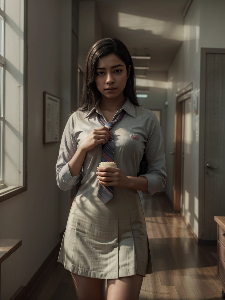 a women rashmika wearing a tie, cupcake in her hands, school, indoors, (soothing tones:1.25), (hdr:1.25), (artstation:1.2), dramatic, (intricate details:1.14), (hyperrealistic 3d render:1.16), (filmic:0.55), (rutkowski:1.1), (faded:1.3)