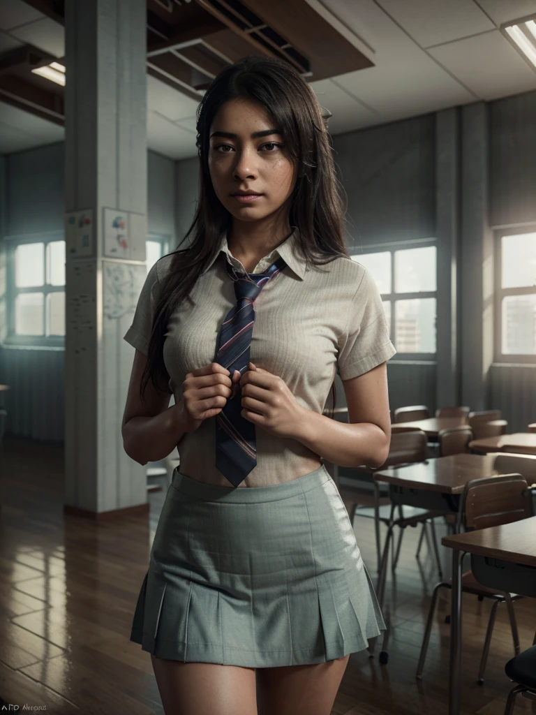 a women rashmika wearing a tie, cupcake in her hands, school, indoors, (soothing tones:1.25), (hdr:1.25), (artstation:1.2), dramatic, (intricate details:1.14), (hyperrealistic 3d render:1.16), (filmic:0.55), (rutkowski:1.1), (faded:1.3)