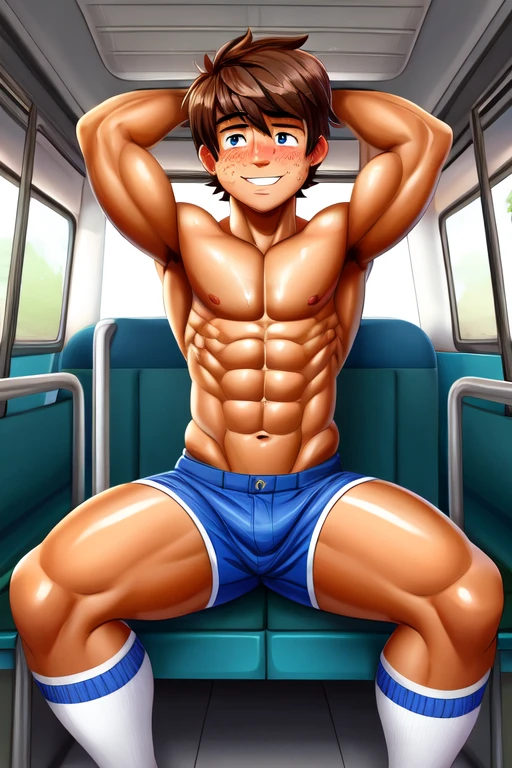 Cute young boy sitting on school bus seat, alone, with a really oversized butt, and wide thighs, with freckles, very tight blue shorts, knee high socks, blushing, very round butt, horny facial expression, middle schooler, short height, very short shorts, brown messy hairstyle, furry zoophile, no shirt on, sweaty abs, shiny skin, shiny abs, glossy skin, glossing thighs, oiled thighs, oily skin