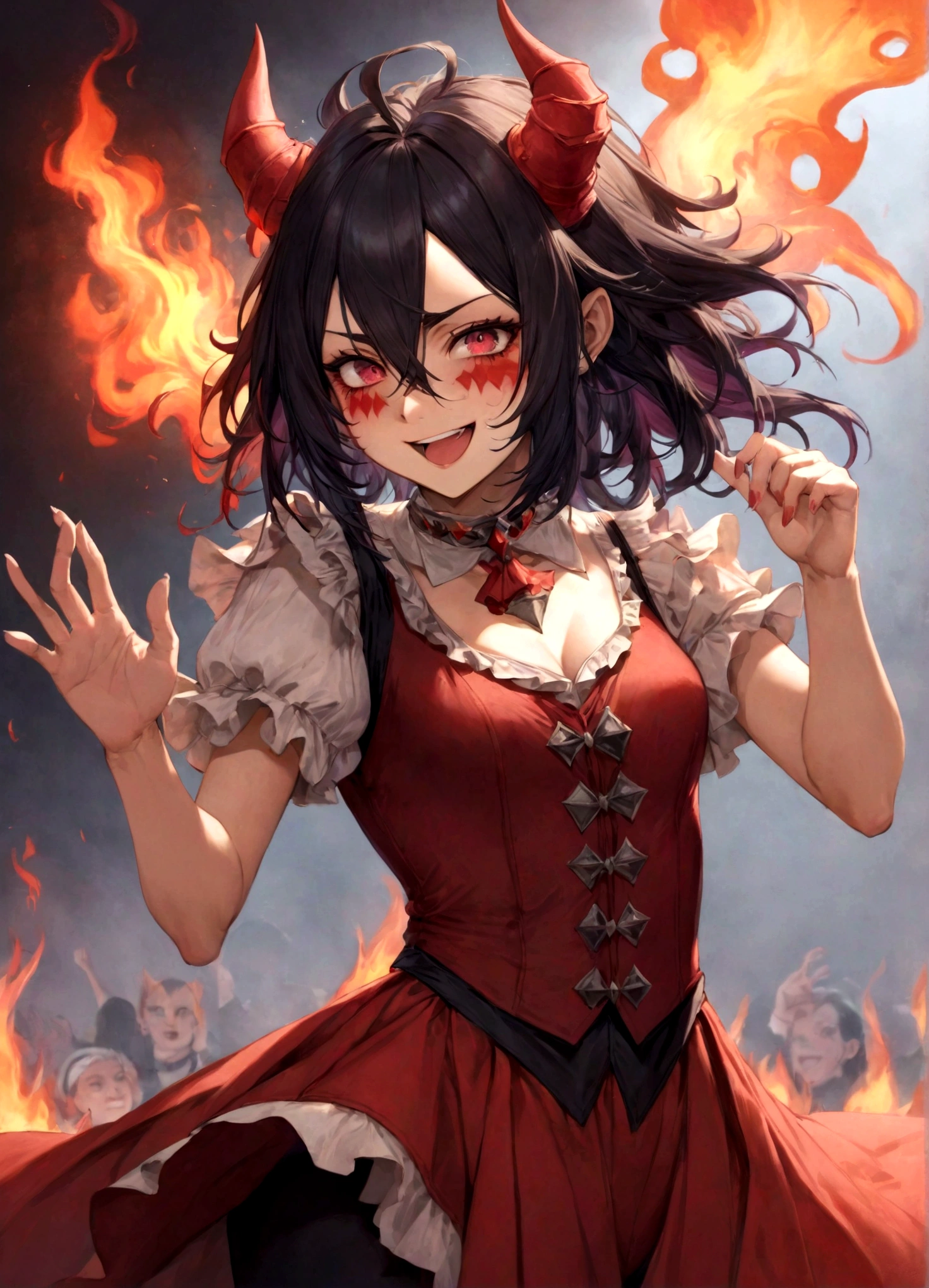 Jester, Red, Black, Rakdos, High Quality, Laughing, Female, Demon, Fire, Magic the Gathering, Androgynous, Adult, Psychopath, Circus, Dancing, Solo, Theatre, Performer, Look Away, Black long Hair, Hair Falling over Face, 30 years old, Milf, Grown Up, Not young looking