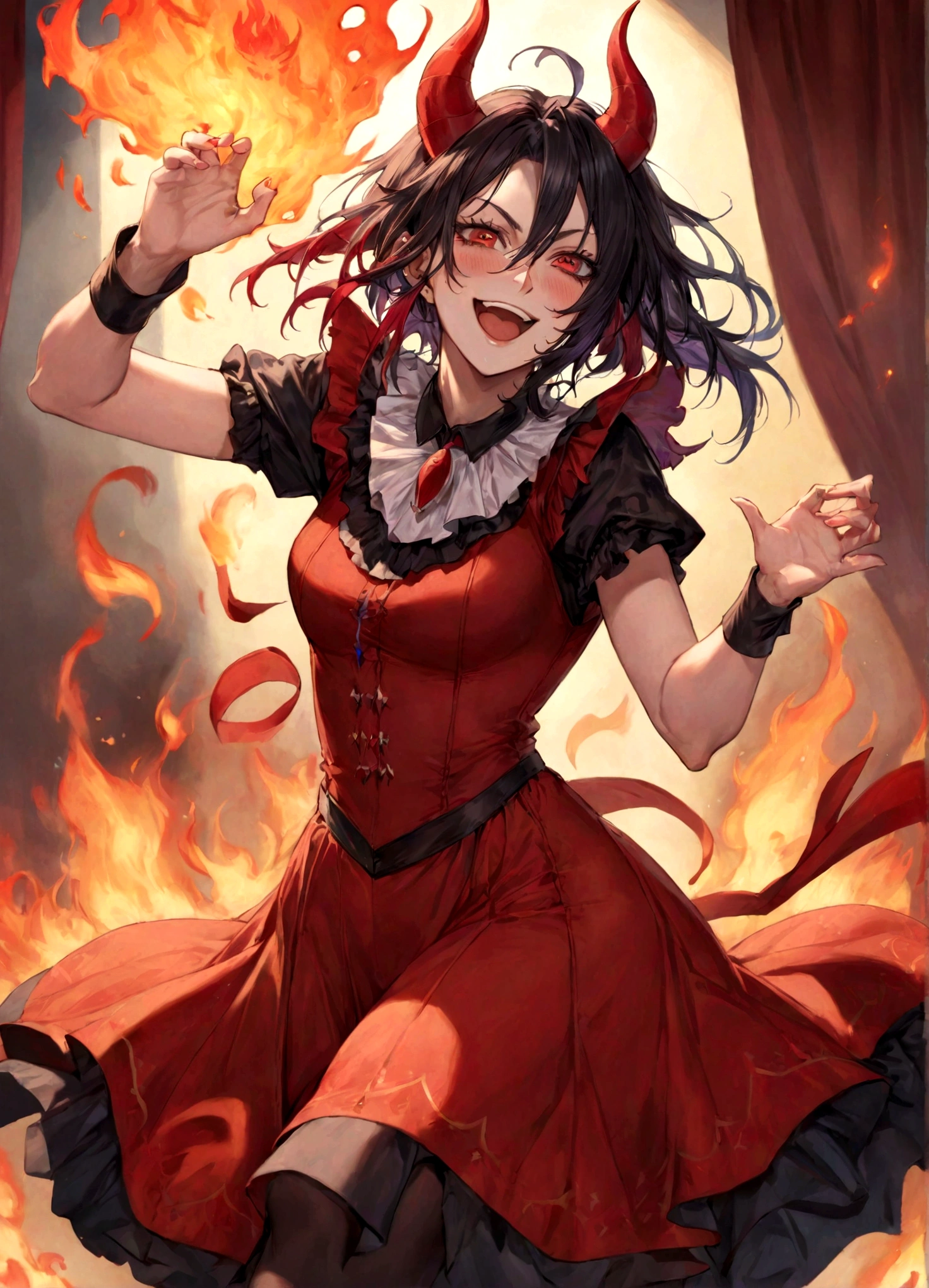 Jester, Red, Black, Rakdos, High Quality, Laughing, Female, Demon, Fire, Magic the Gathering, Androgynous, Adult, Psychopath, Circus, Dancing, Solo, Theatre, Performer, Look Away, Black long Hair, Hair Falling over Face, 30 years old, Milf, Grown Up, Not young looking