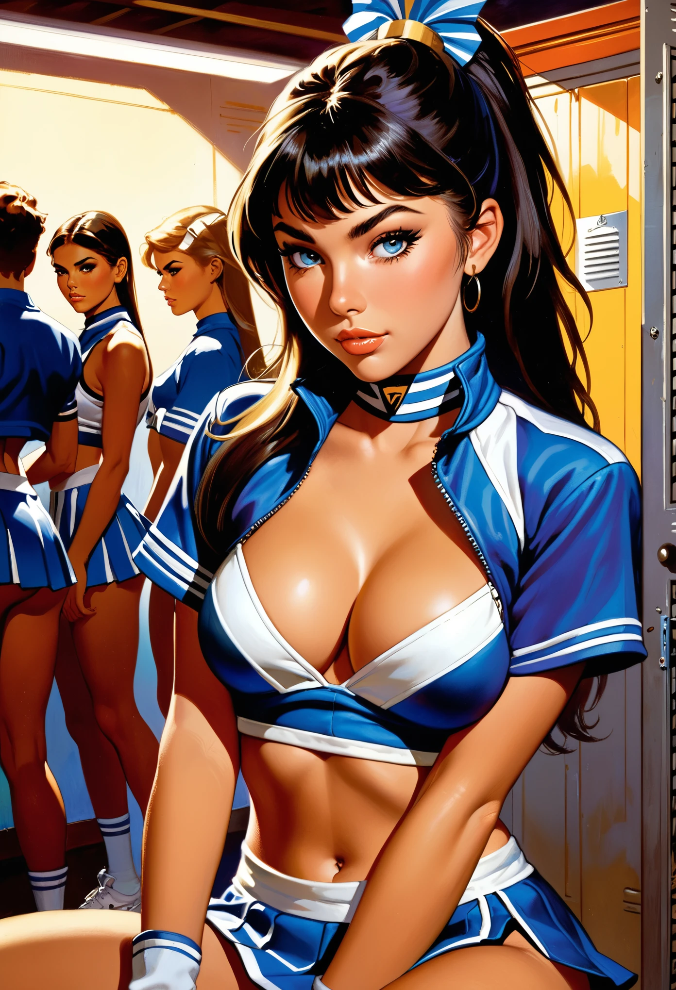 (masterpiece, top quality, best quality, official art, beautiful and aesthetic:1.2),(colorful:1.2),
(1girl:1.2),
Stunningly beautiful Madison Beer as a slutty , skimpy uniform, sexy, beautiful face, pale face, black eyes, astunningly beautiful slutty girln, cleavage, woman shining eyes, smirk, sultry look, seductive smile, sexy, intricate cheerleader uniform, detailed locker room interior in background,
, fantasy concept art, art by Frank Frazetta