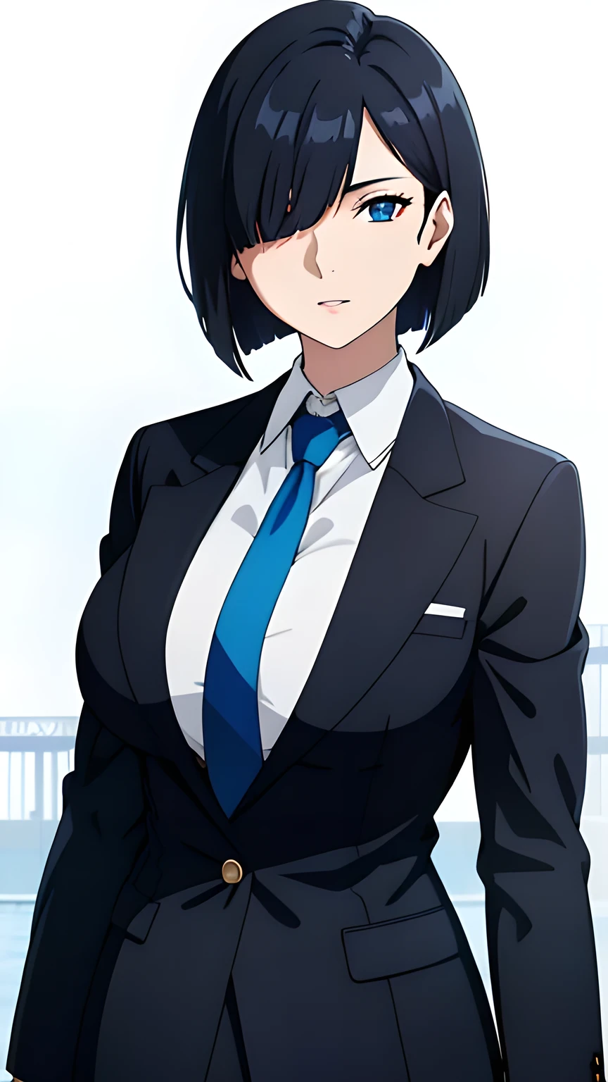 (best quality:1.5, highres, UHD, 4K, detailed lighting, shaders), black hair, bob cut, hair covering one eye, cool woman, cool girl, sharp eyes, blue eyes, beautiful, large breasts, simple background, formal suit, necktie, jacket