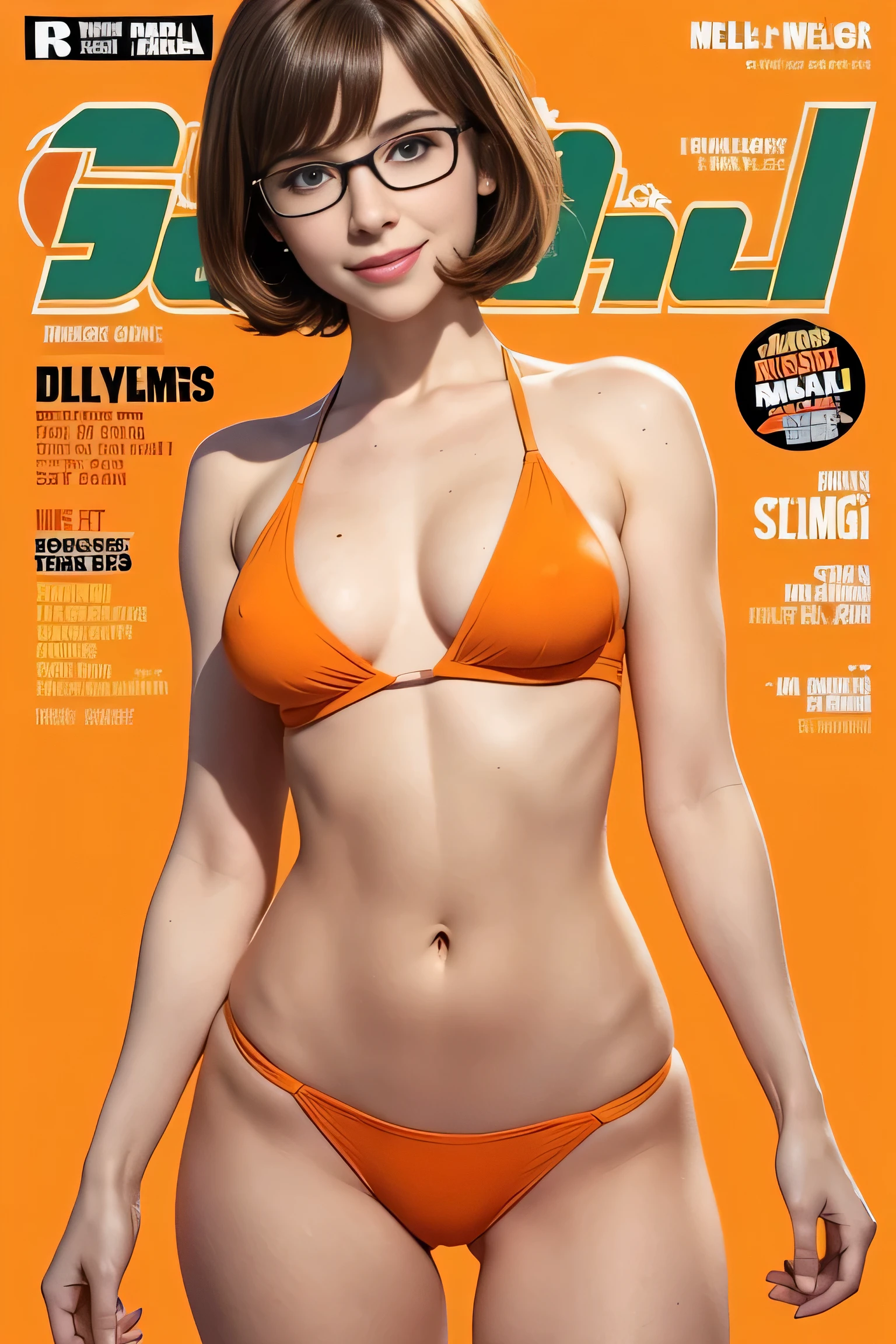 sports magazine cover, young woman, (Velma Dinkley from Scoobydoo), pale skin:1.2, freckles, (slim:1.6), 18yo, ((orange wool bikini)), (medium breasts:1.6), perfect body, green eyes, smile, bobcut, brown hair, glasses, full body, thigh gap:1.4, Camel toe:1.6