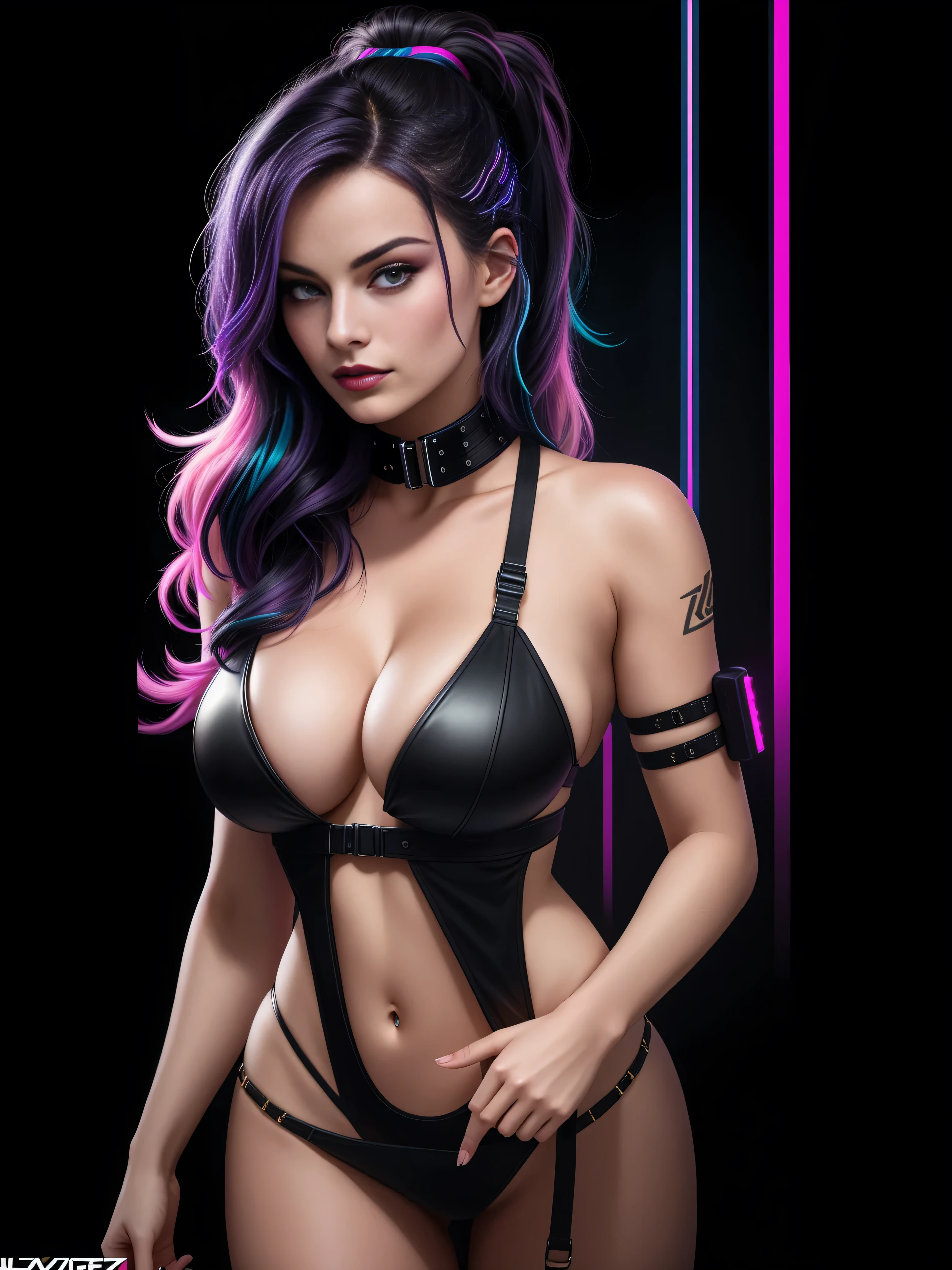 there is Margot Robbie, navy blue and bright purple neon streaked hair, hair in pony tail, 3 d neon art of a womans body, neon-noir background, cyberpunk femme fatale, seductive cyberpunk dark fantasy, cyberpunk strip clubs, cyberpunk 20 y. o model girl, oppai cyberpunk, banner, high definition cgsociety, cgsociety masterpiece, trending on cgstation, kda, random hair, looking at camera, gigantic breasts, cleavage, (high detailed skin:1.2), 8k uhd, dslr, super lighting, high quality, film grain, high res, highly detailed, hyper realistic, beautiful face, beautiful body, beautiful eyes nose lips, alluring expression, very bold, upper visible, full body photo, standing legs apart, pale translucent glowing skin, most beautiful face, cute, (well defined pubic hair:1.2)), (dark plain black background:1.4))